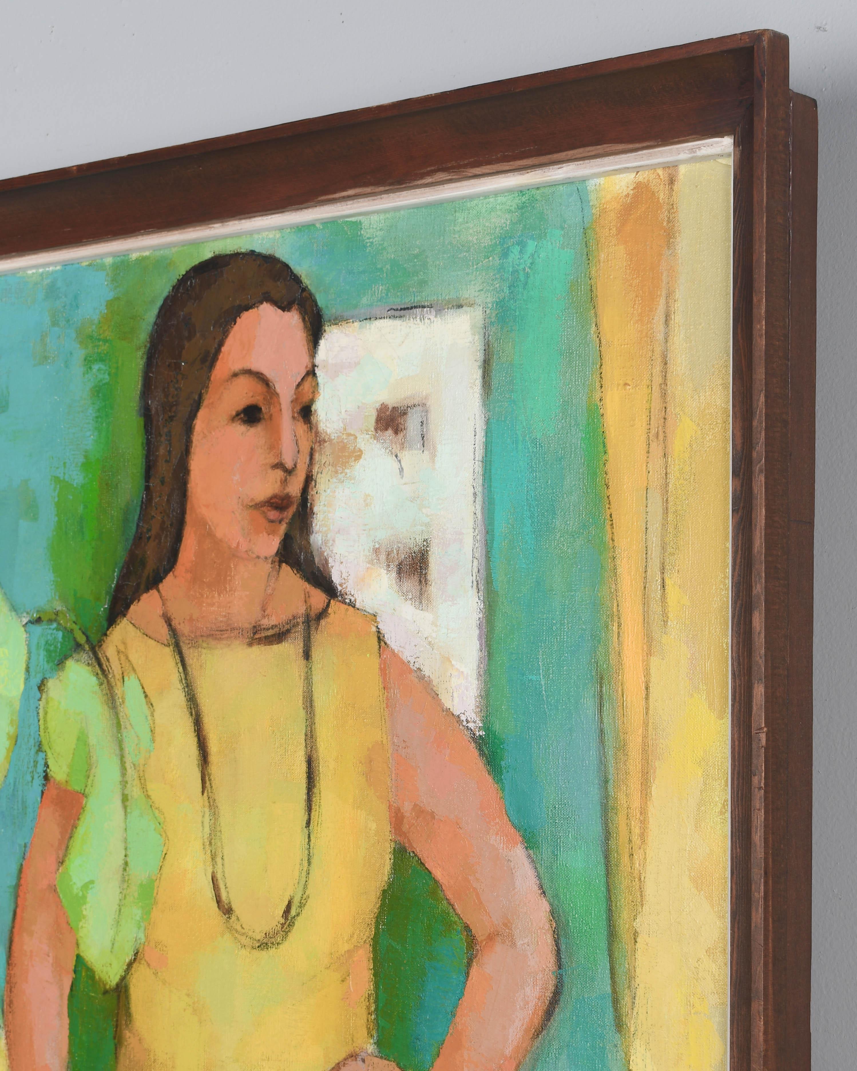 Mid Century Painting of Woman in a Yellow Dress Signed Foss In Good Condition For Sale In Winter Park, FL