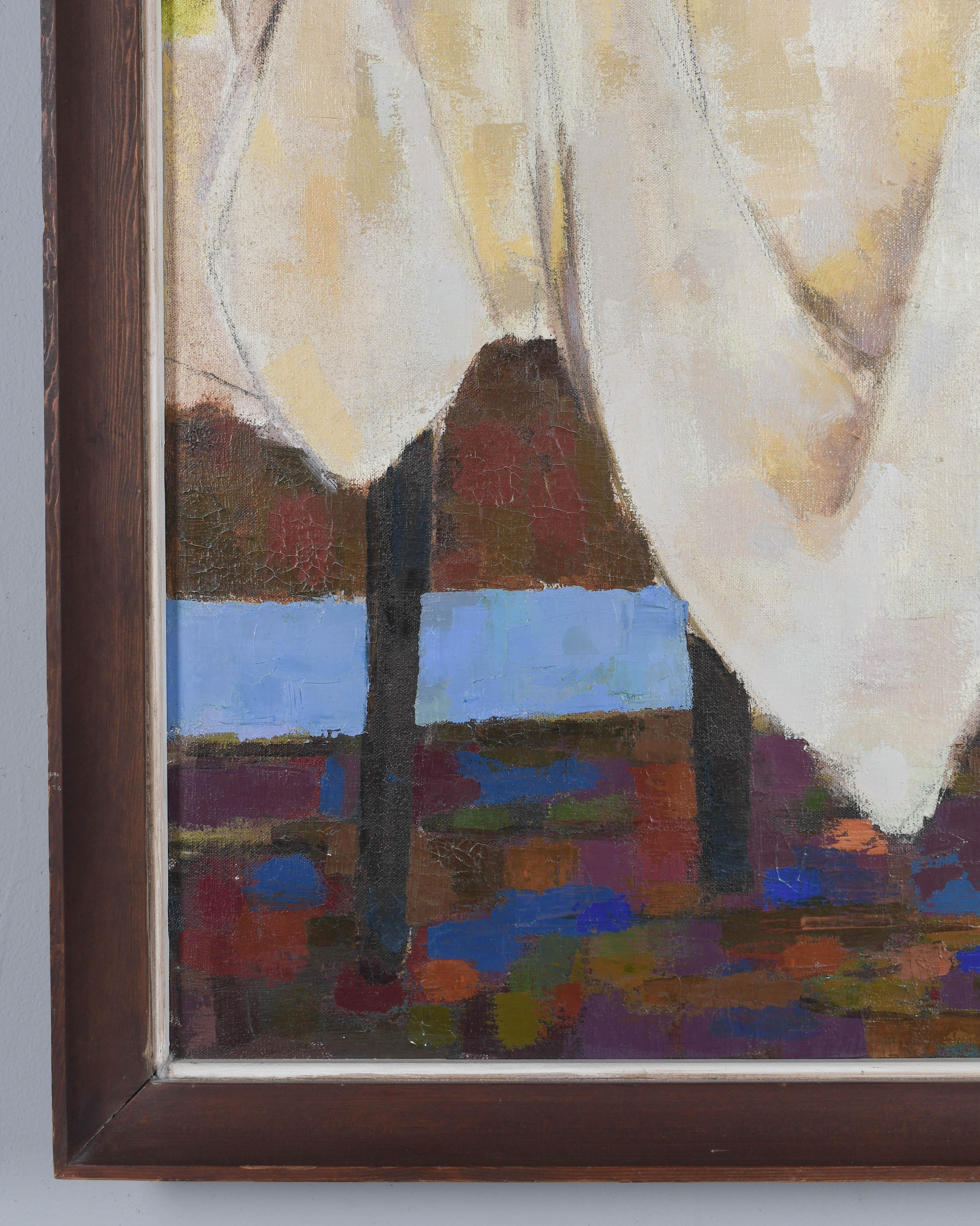 20th Century Mid Century Painting of Woman in a Yellow Dress Signed Foss For Sale