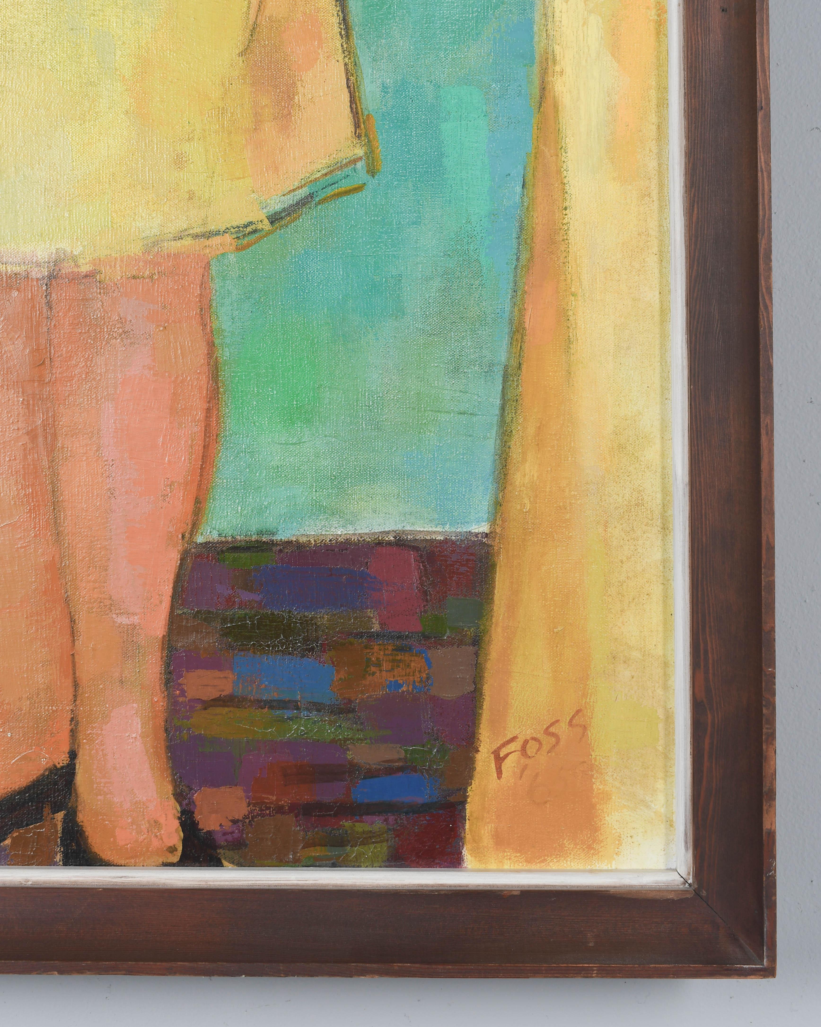 Canvas Mid Century Painting of Woman in a Yellow Dress Signed Foss For Sale