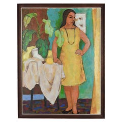 Quadro di metà secolo con donna in abito giallo firmato Foss