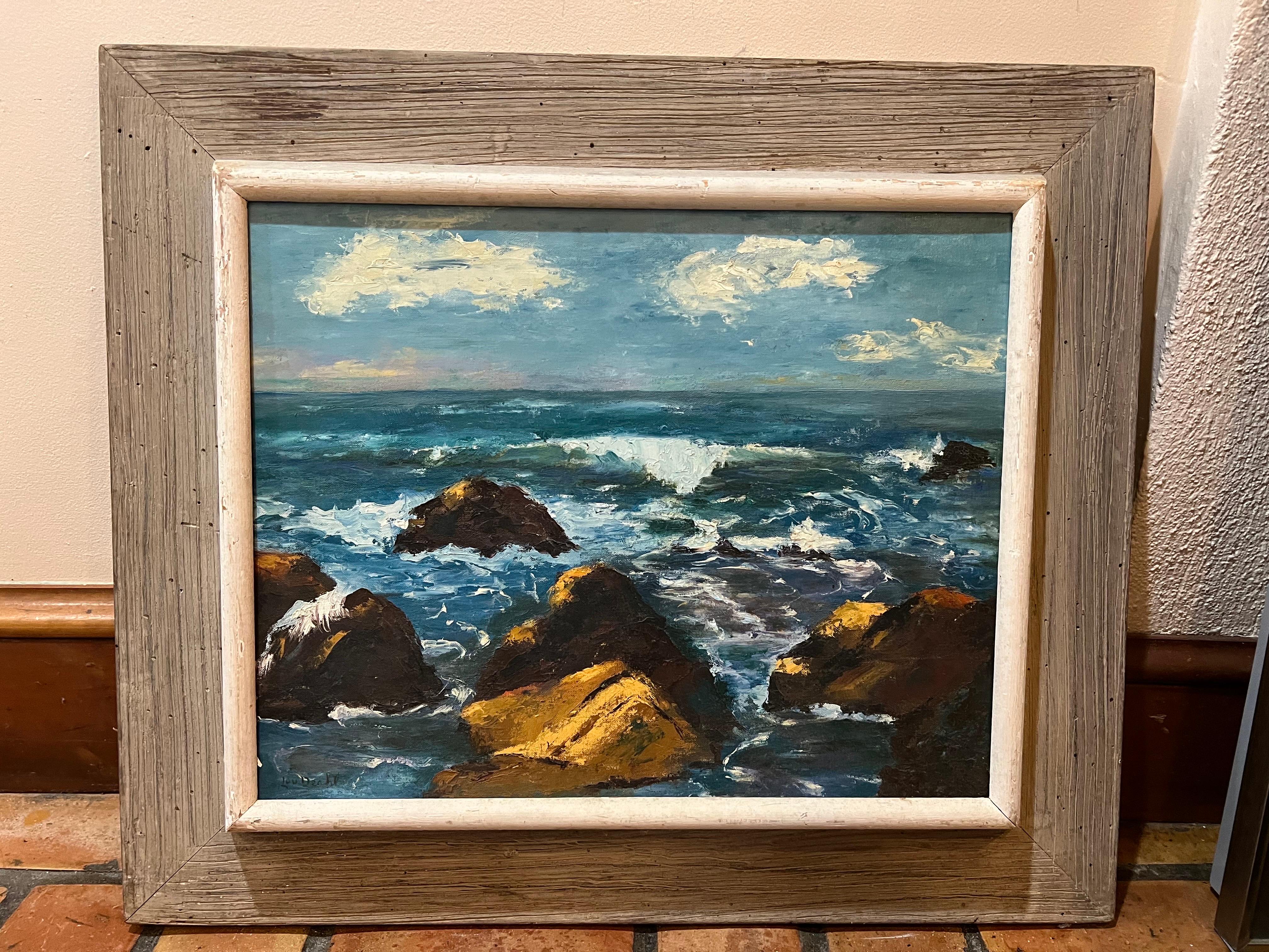Mid Century Painting of the Ocean. Nice solid wooden frame. Mid century era. Rich blues, golds and whites. This item can ship domestically for $49 parcel.