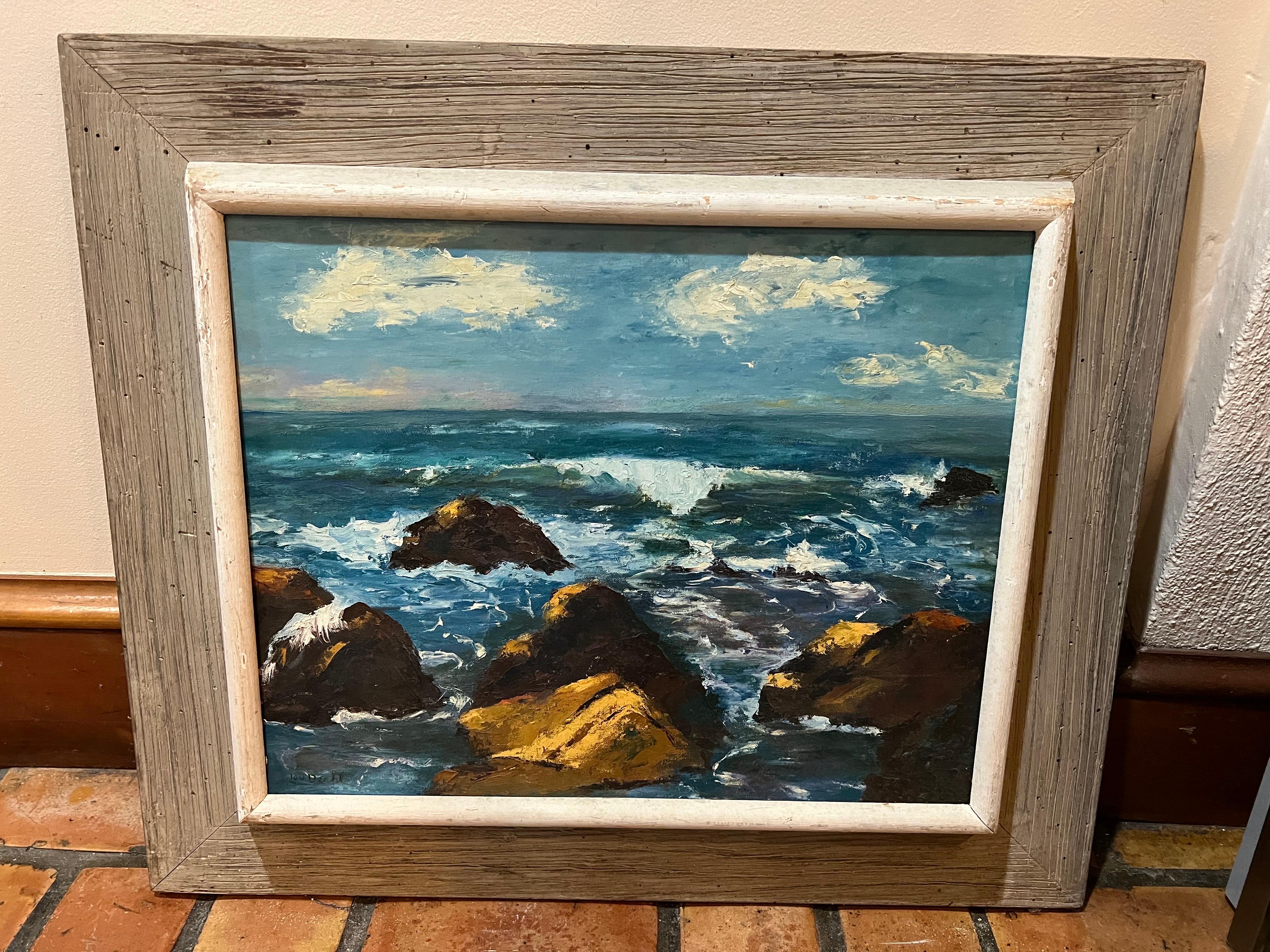 Mid Century Painting on Board of the Ocean In Good Condition For Sale In Redding, CT