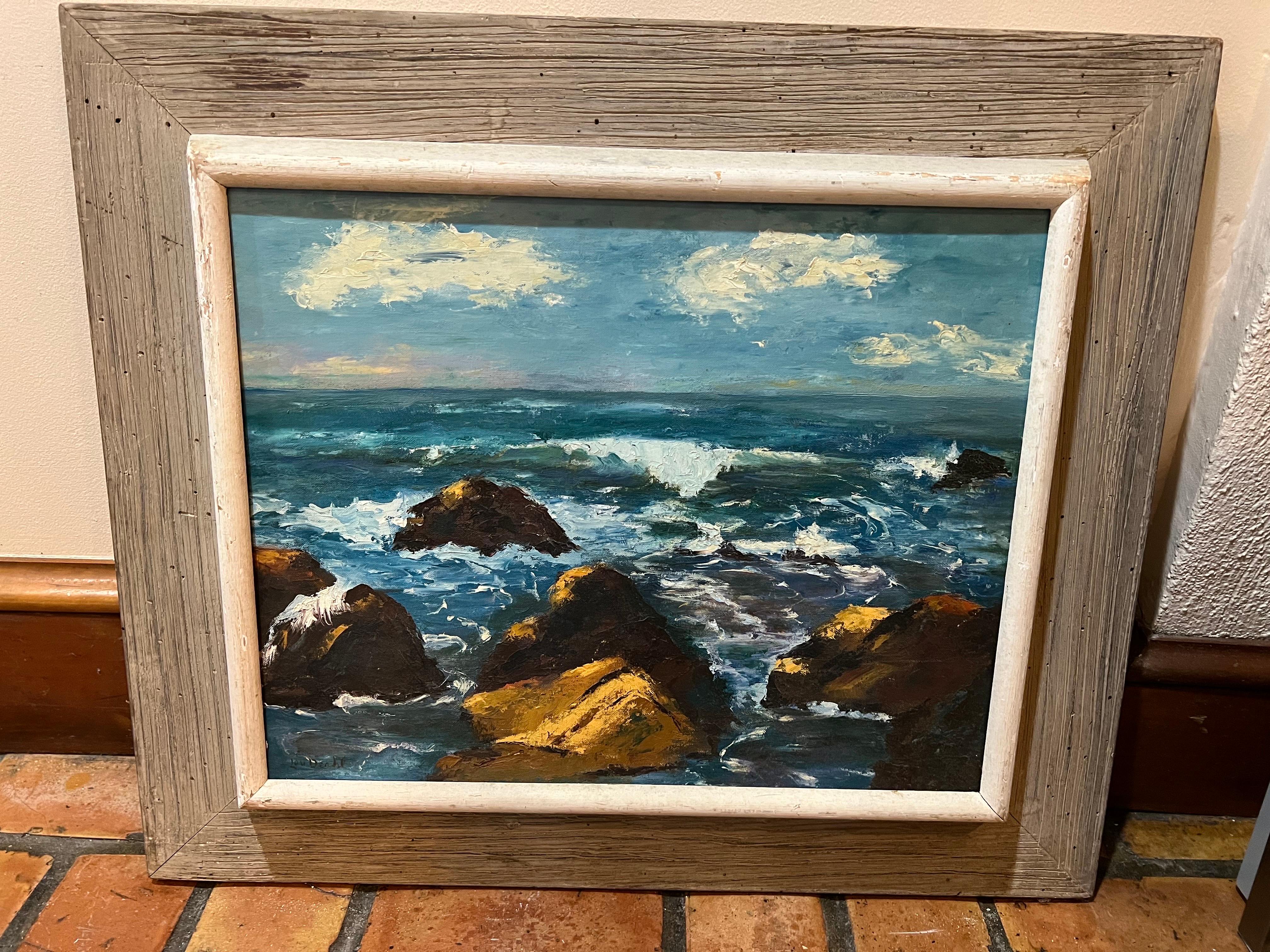 20th Century Mid Century Painting on Board of the Ocean For Sale