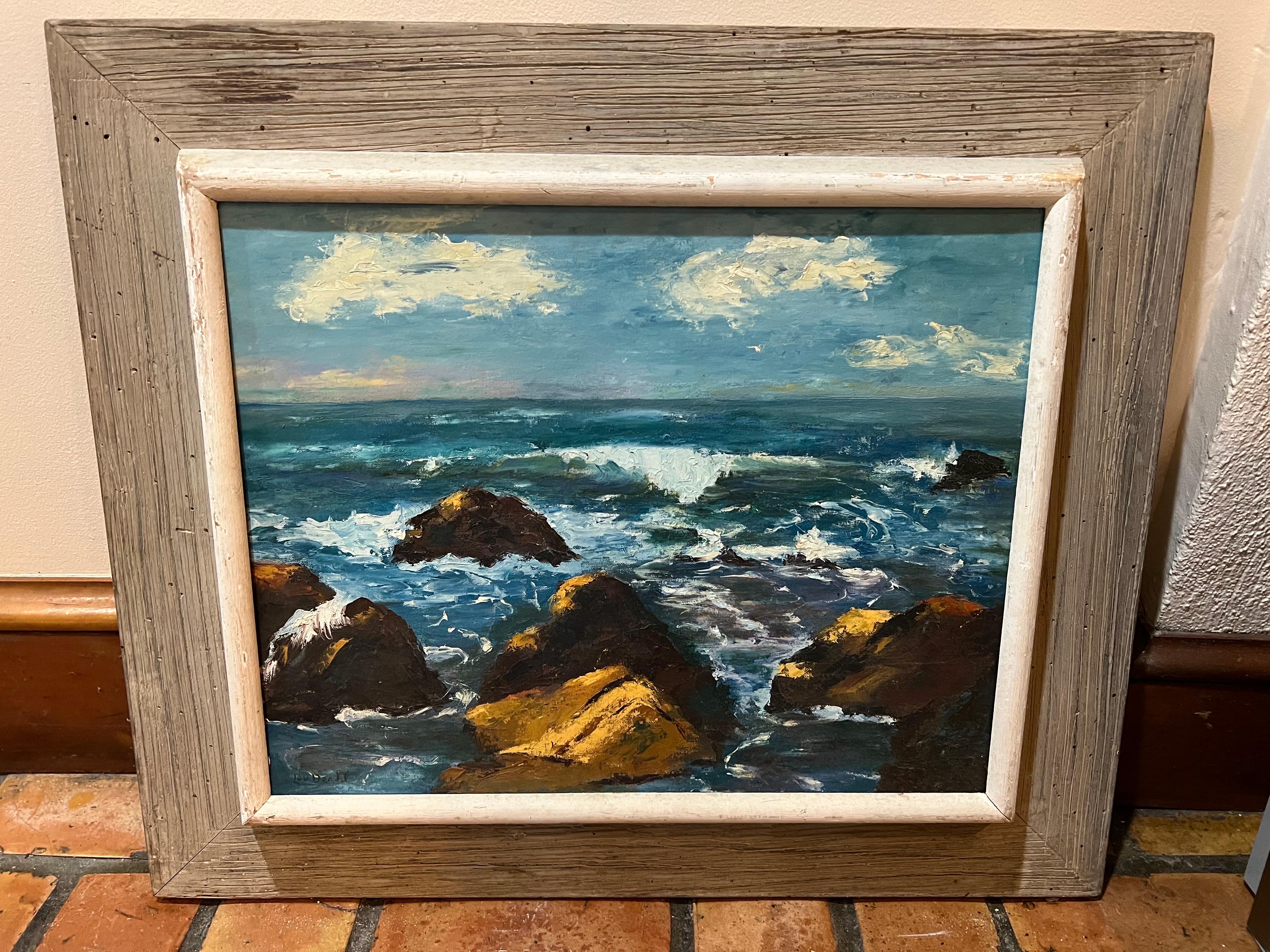 Wood Mid Century Painting on Board of the Ocean For Sale