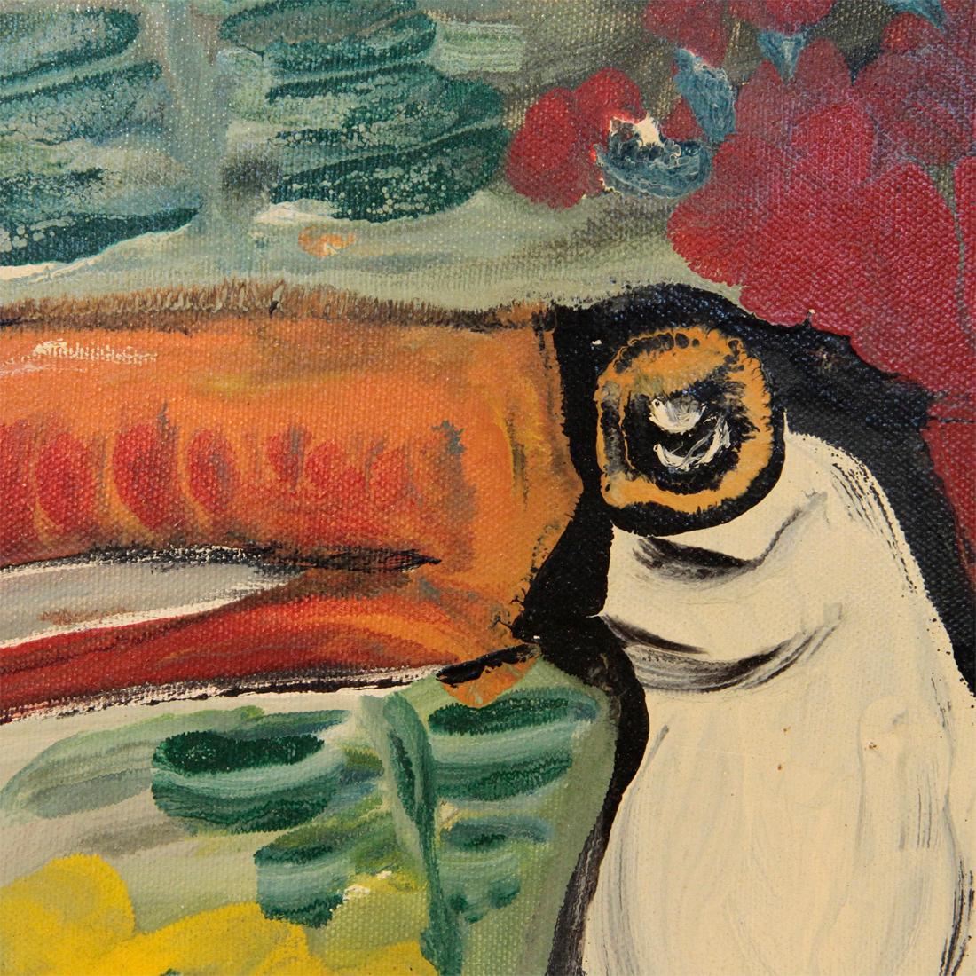 Mid-Century Modern Midcentury Painting, Toucan and Flowers, Oil on Canvas by Girò, 1960s