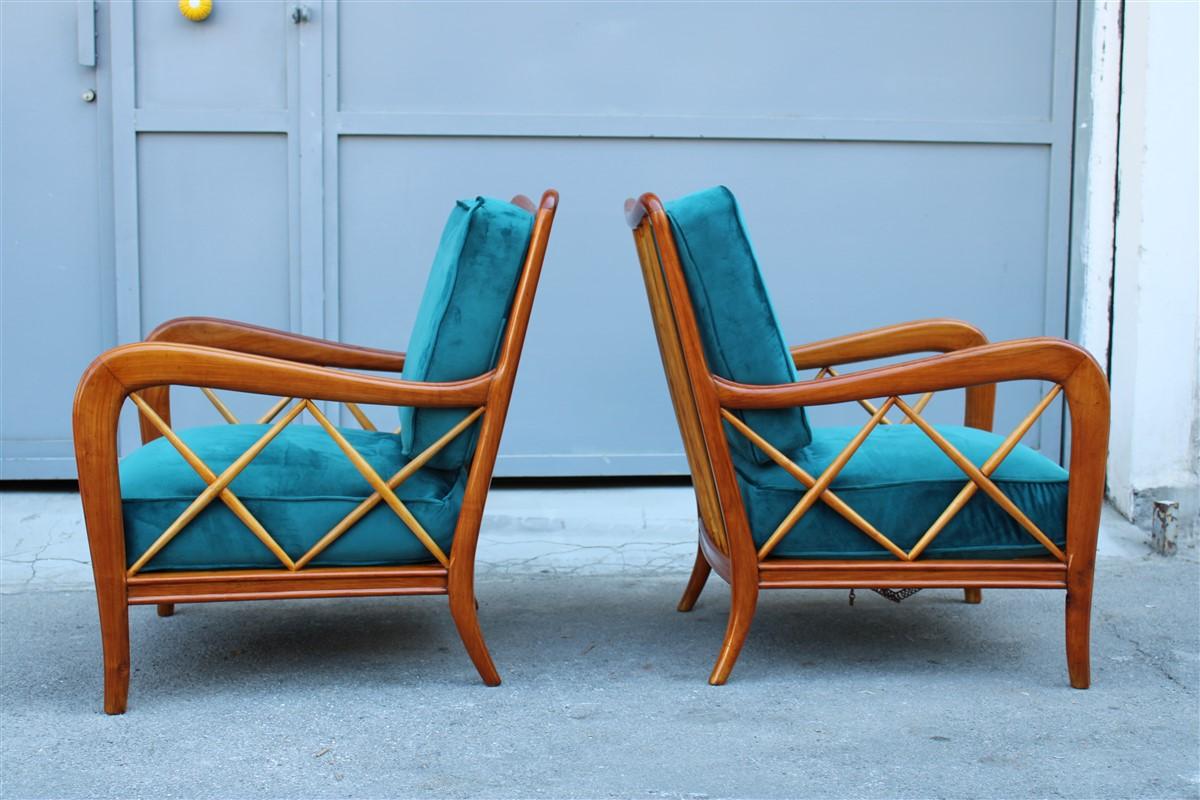 Midcentury Pair of Armchairs Style Paolo Buffa Italian Design Cherrywood Green 7