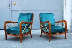 Midcentury Pair of Armchairs Style Paolo Buffa Italian Design Cherrywood Green