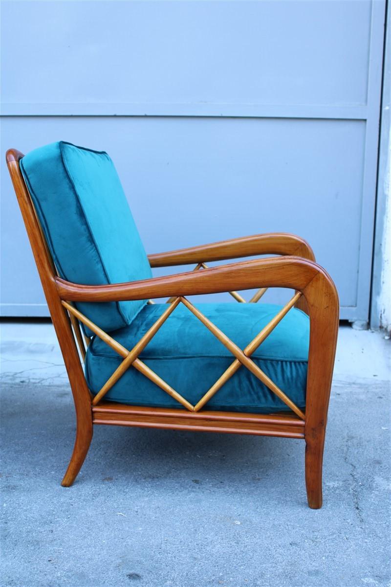 Midcentury Pair of Armchairs Style Paolo Buffa Italian Design Cherrywood Green In Good Condition In Palermo, Sicily
