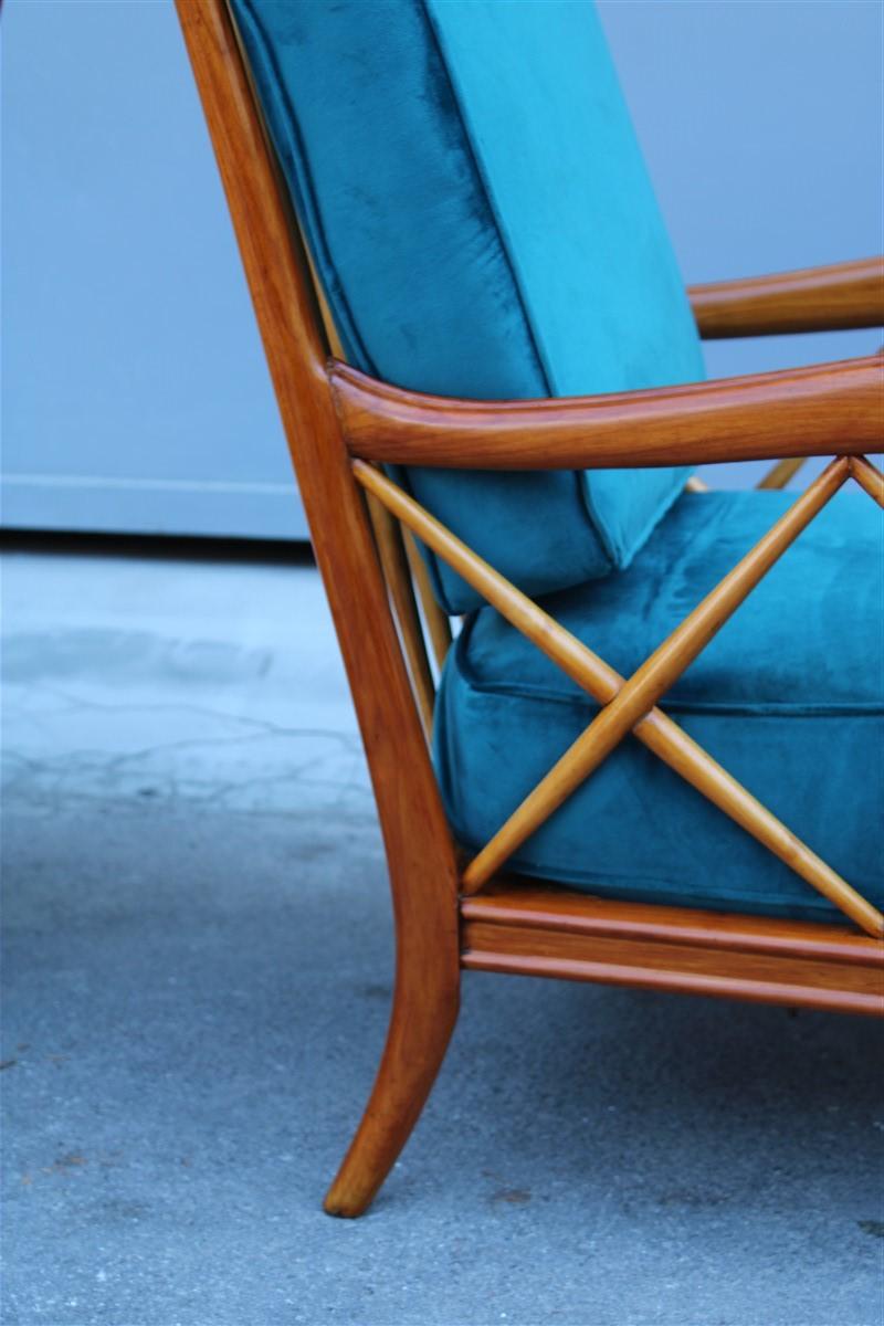 Velvet Midcentury Pair of Armchairs Style Paolo Buffa Italian Design Cherrywood Green