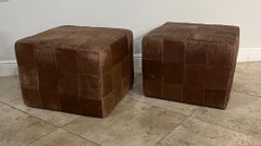 Mid Century Pair Brown Leather Patchwork Stendig Cube Ottomans / Chairs