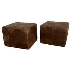 Vintage Mid Century Pair Brown Leather Patchwork Stendig Cube Ottomans / Chairs