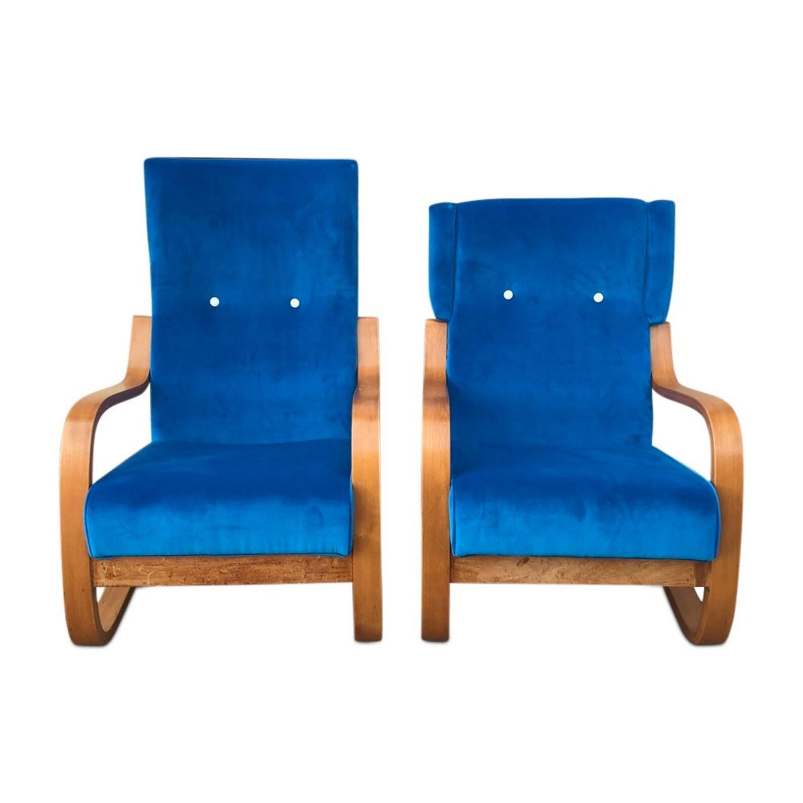 Velvet Mid-Century Pair Curated Vintage Chairs by Architect Alvar Aalto