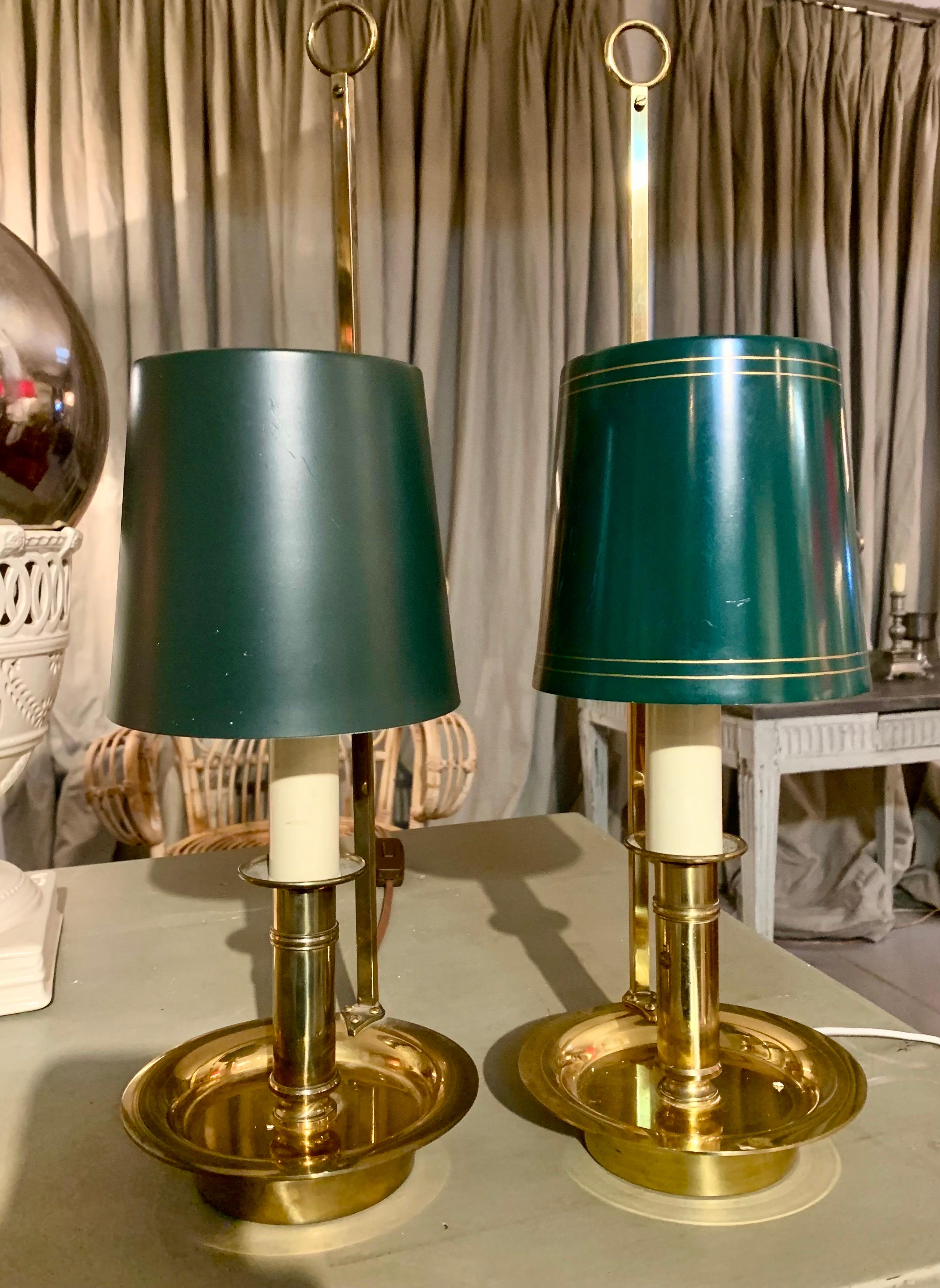 Mid Century Pair Danish Brass Bouillotte Table Lamps or Wall Lights For Sale 4
