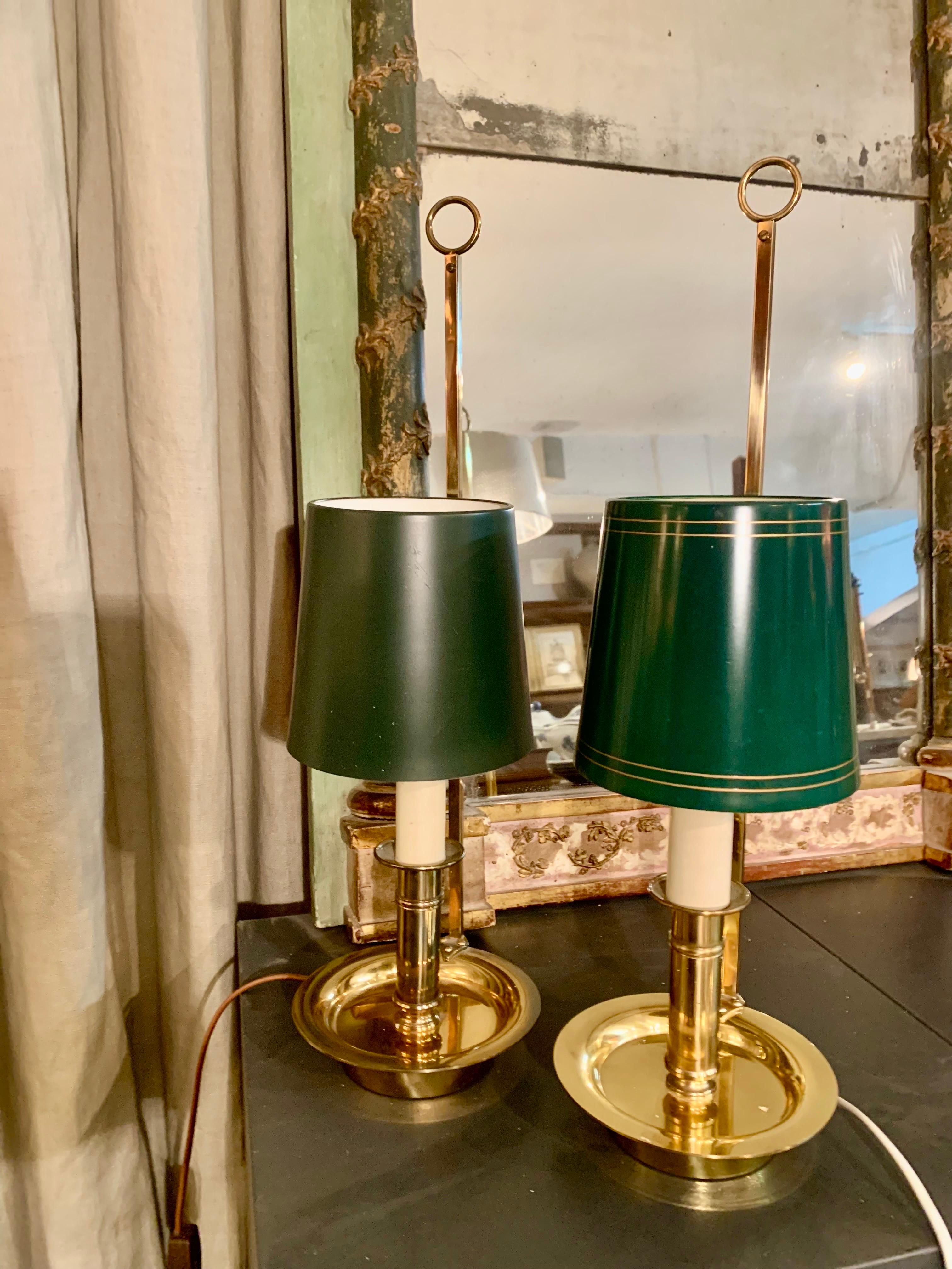 Mid Century Pair Danish Brass Bouillotte Table Lamps or Wall Lights For Sale 7