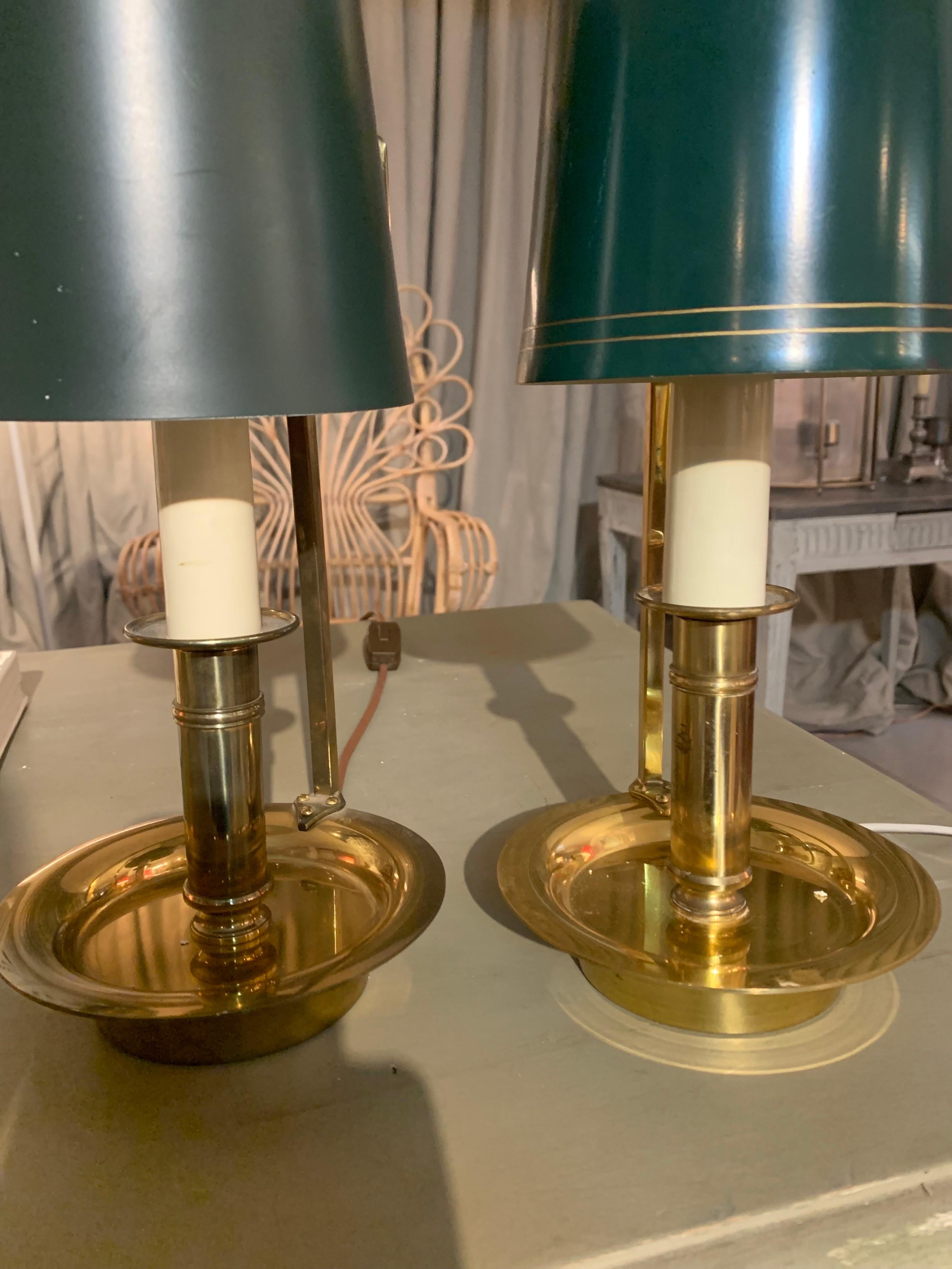 Mid Century Pair Danish Brass Bouillotte Table Lamps or Wall Lights For Sale 8