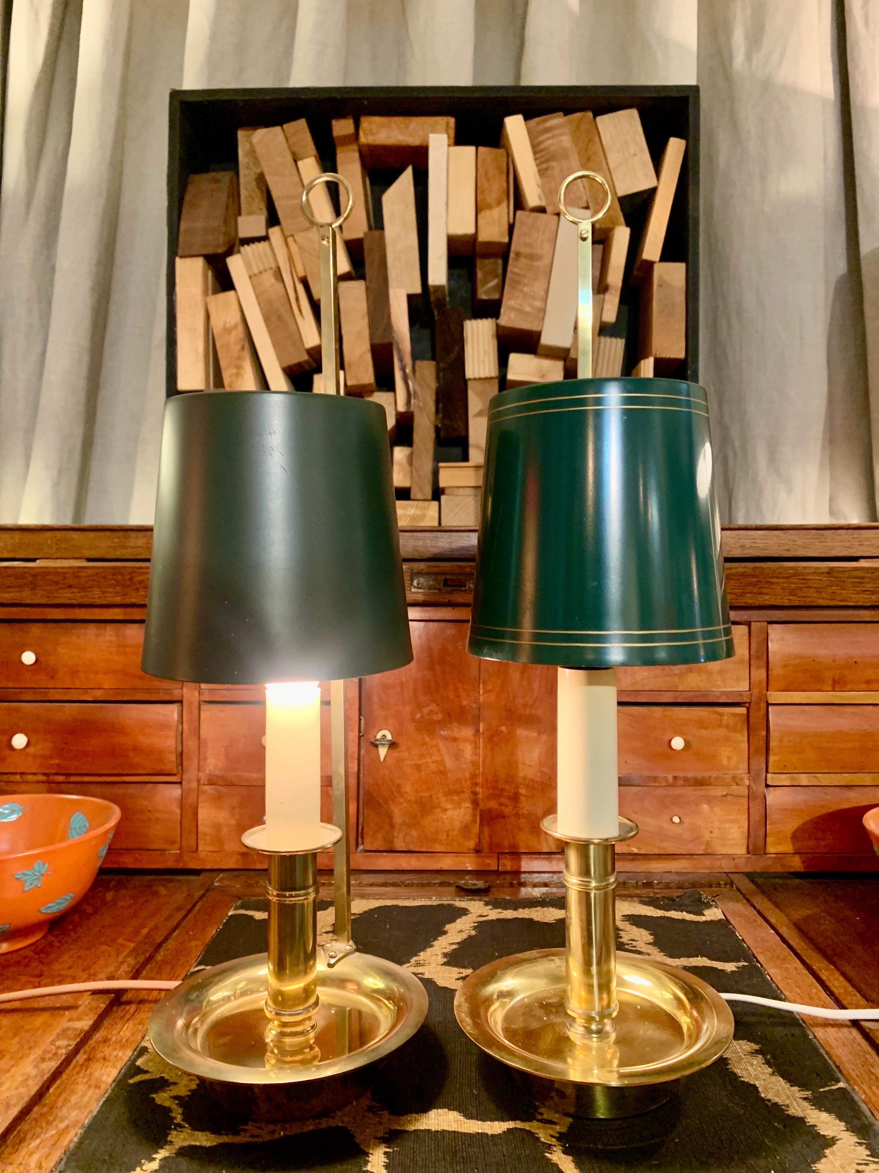 Mid-Century Modern Mid Century Pair Danish Brass Bouillotte Table Lamps or Wall Lights For Sale
