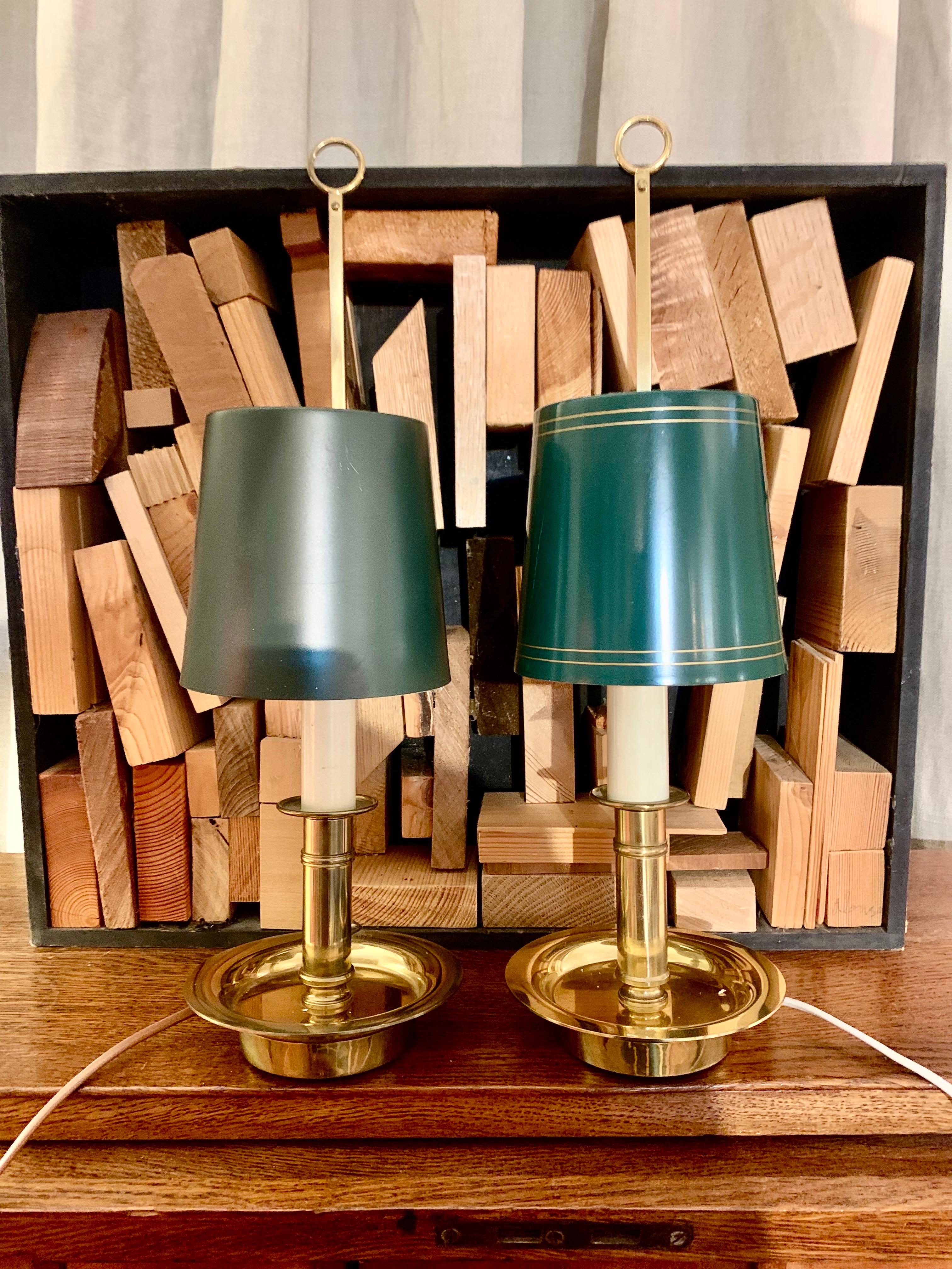 20th Century Mid Century Pair Danish Brass Bouillotte Table Lamps or Wall Lights For Sale