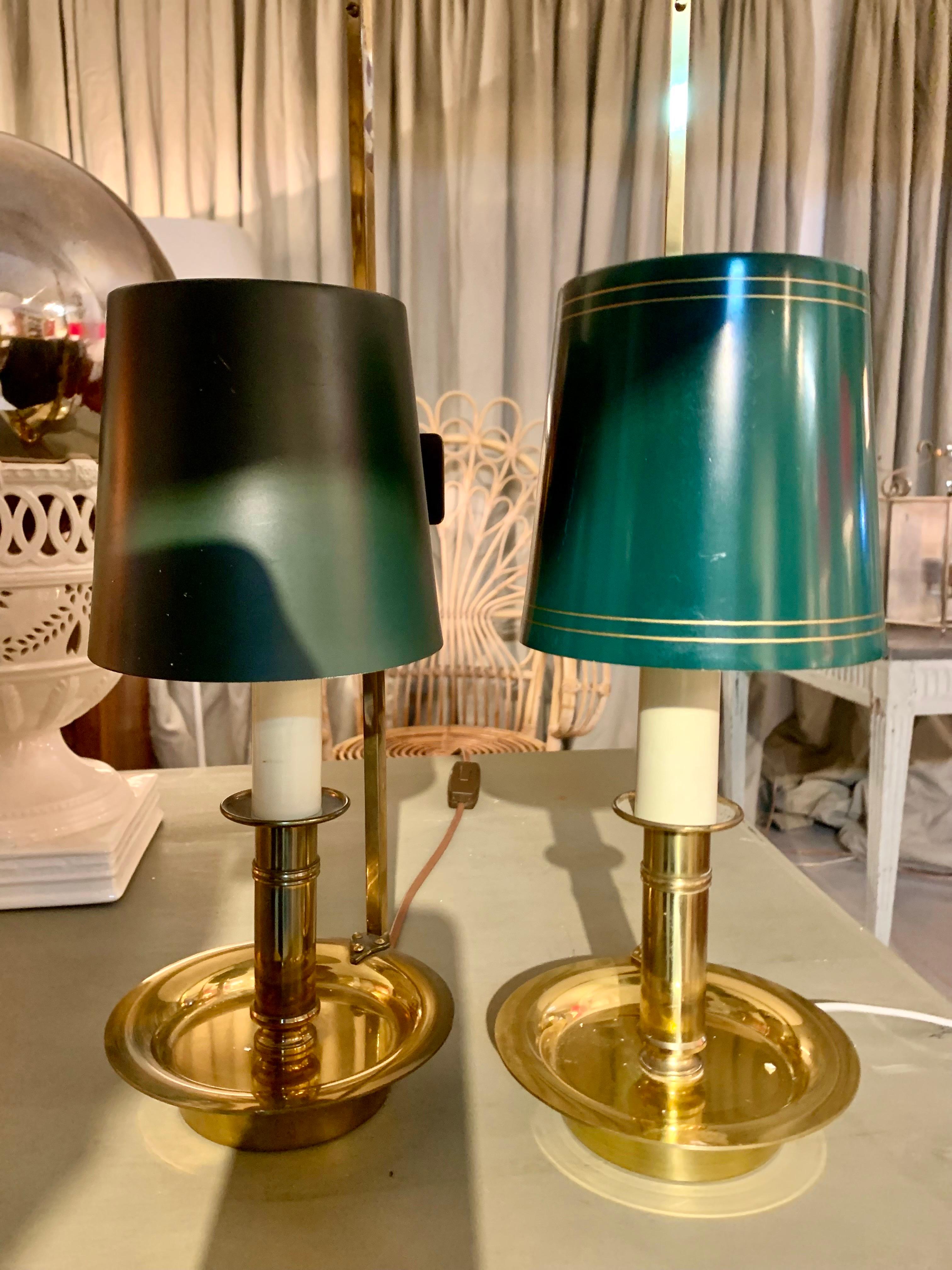 Mid Century Pair Danish Brass Bouillotte Table Lamps or Wall Lights For Sale 2