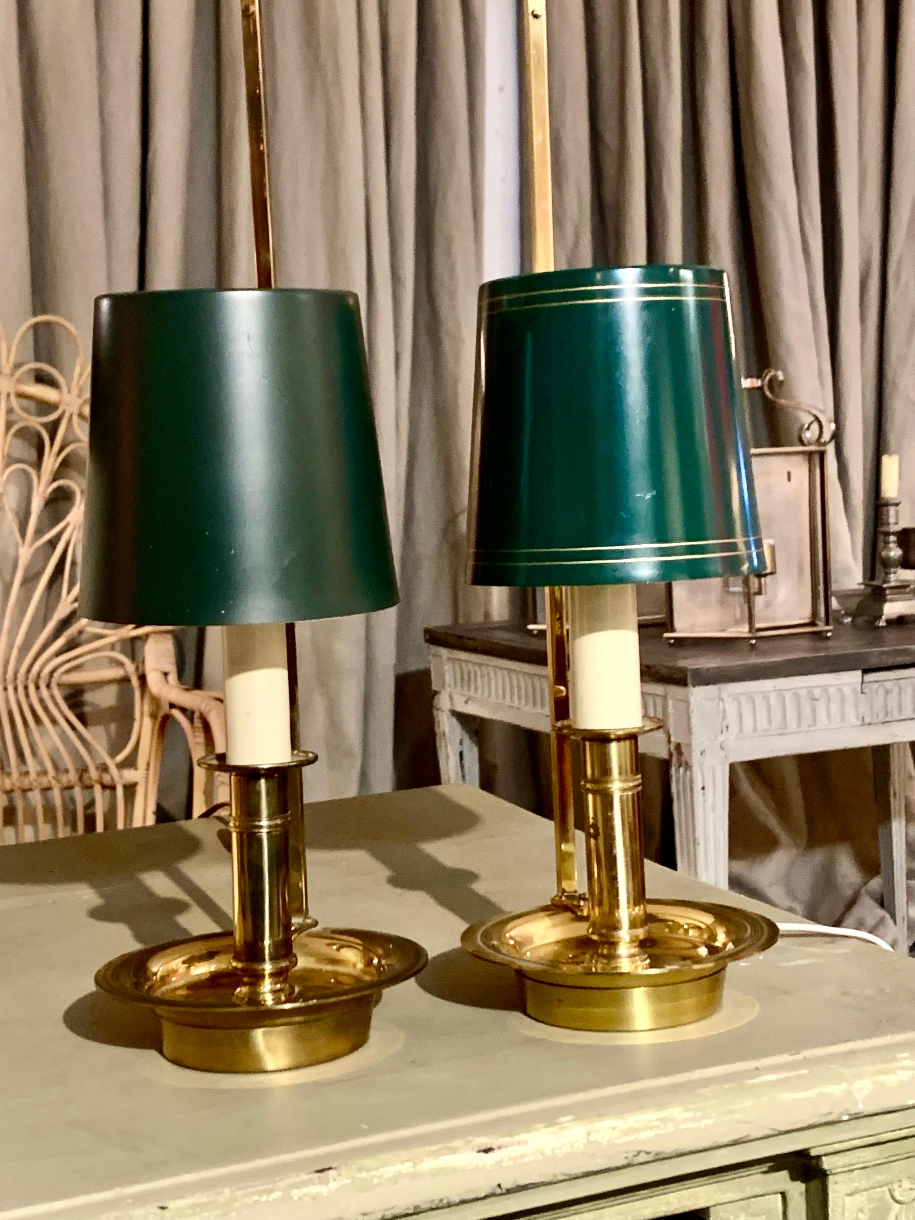 Mid Century Pair Danish Brass Bouillotte Table Lamps or Wall Lights For Sale 3