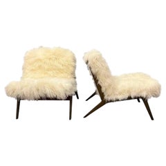Mid-Century Pair Danish Walnut Lounge Chairs with New Mongolian Fur, 1960’s