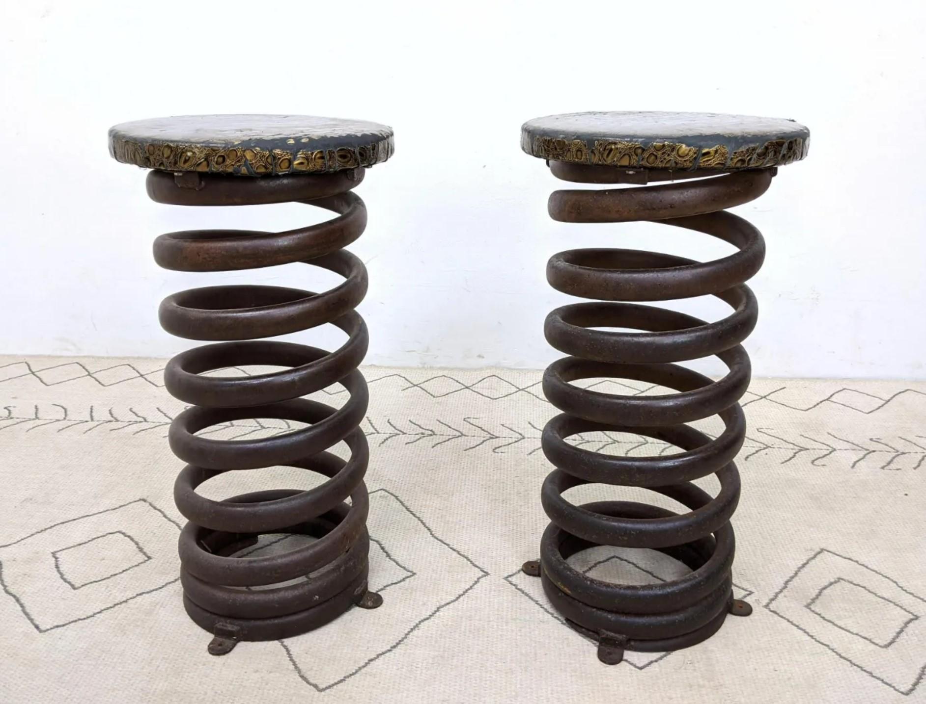 For you consideration, a super cool pair of industrial heavy steel coil or spring bar stools. Comfortable, yes! Cool, for sure! Super well-made. Sturdy and heavy. Rock the distressed Faux-leather or get them recovered. Solid and sturdy, not easy to
