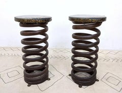 Mid Century Pair Heavy Coil Spring Bar Stools Pair Industrial Steam Punk Design