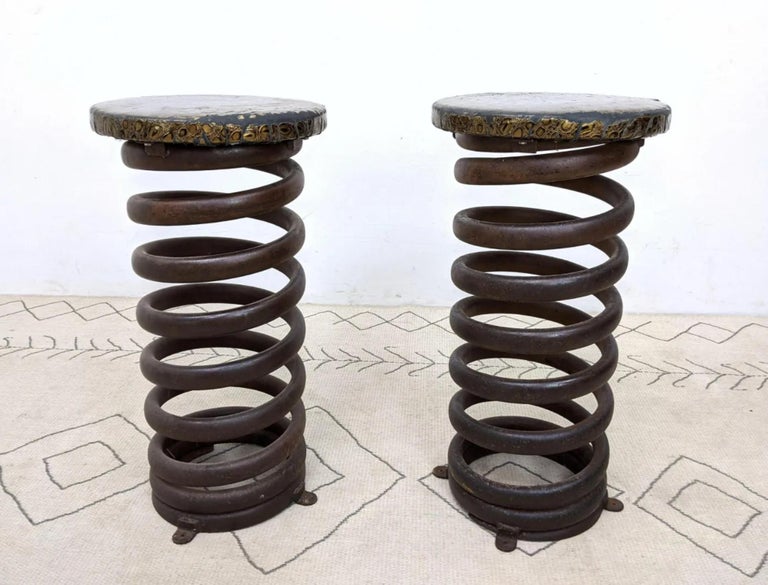 Mid Century Pair Heavy Coil Spring Bar Stools Pair Industrial Steam