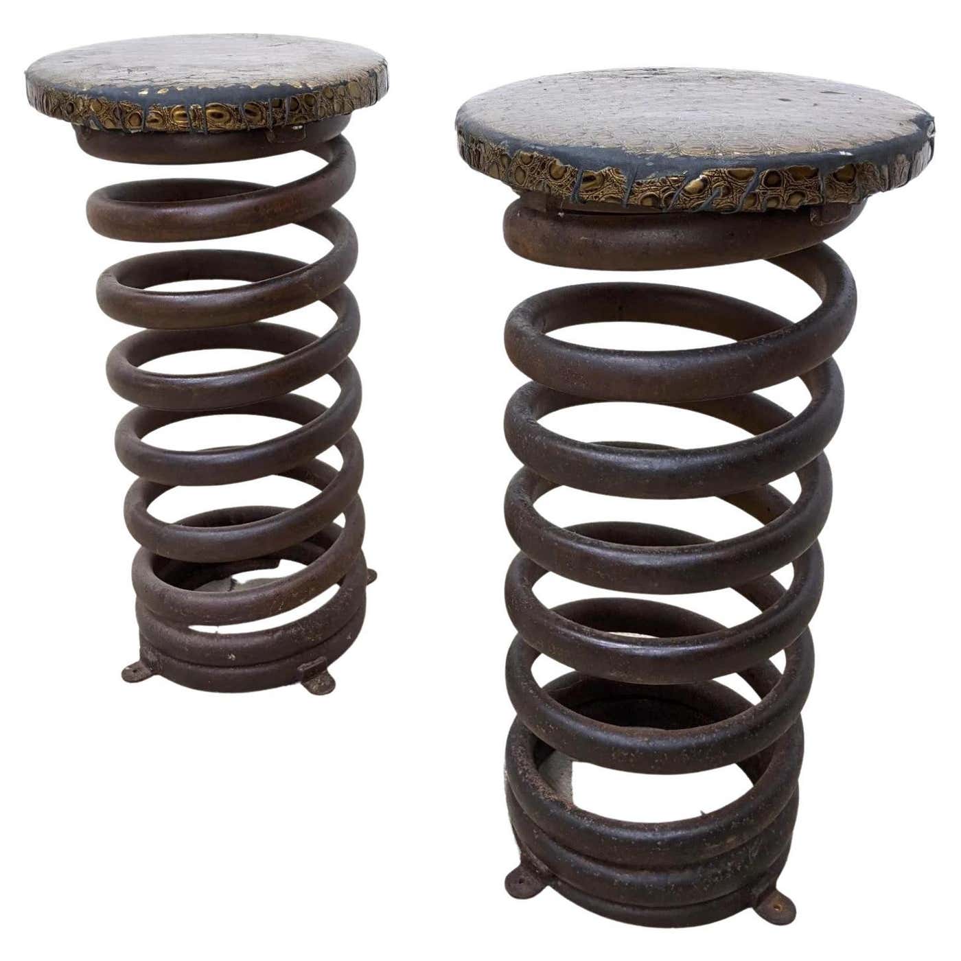 Mid Century Pair Heavy Coil Spring Bar Stools Pair Industrial Steam ...