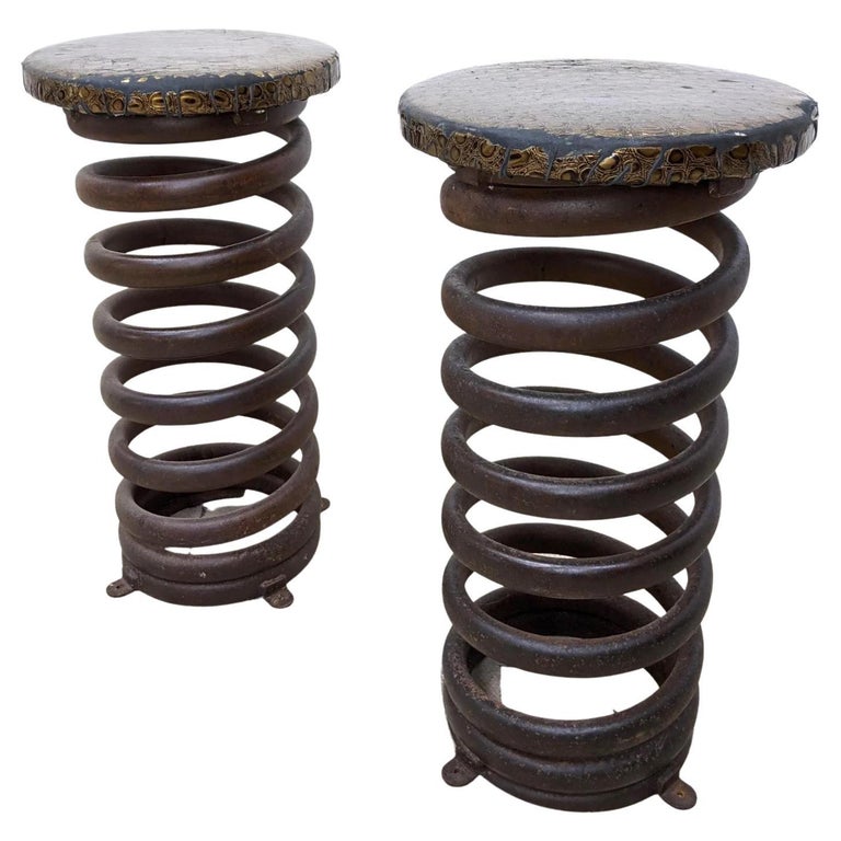 Mid Century Pair Heavy Coil Spring Bar Stools Pair Industrial Steam