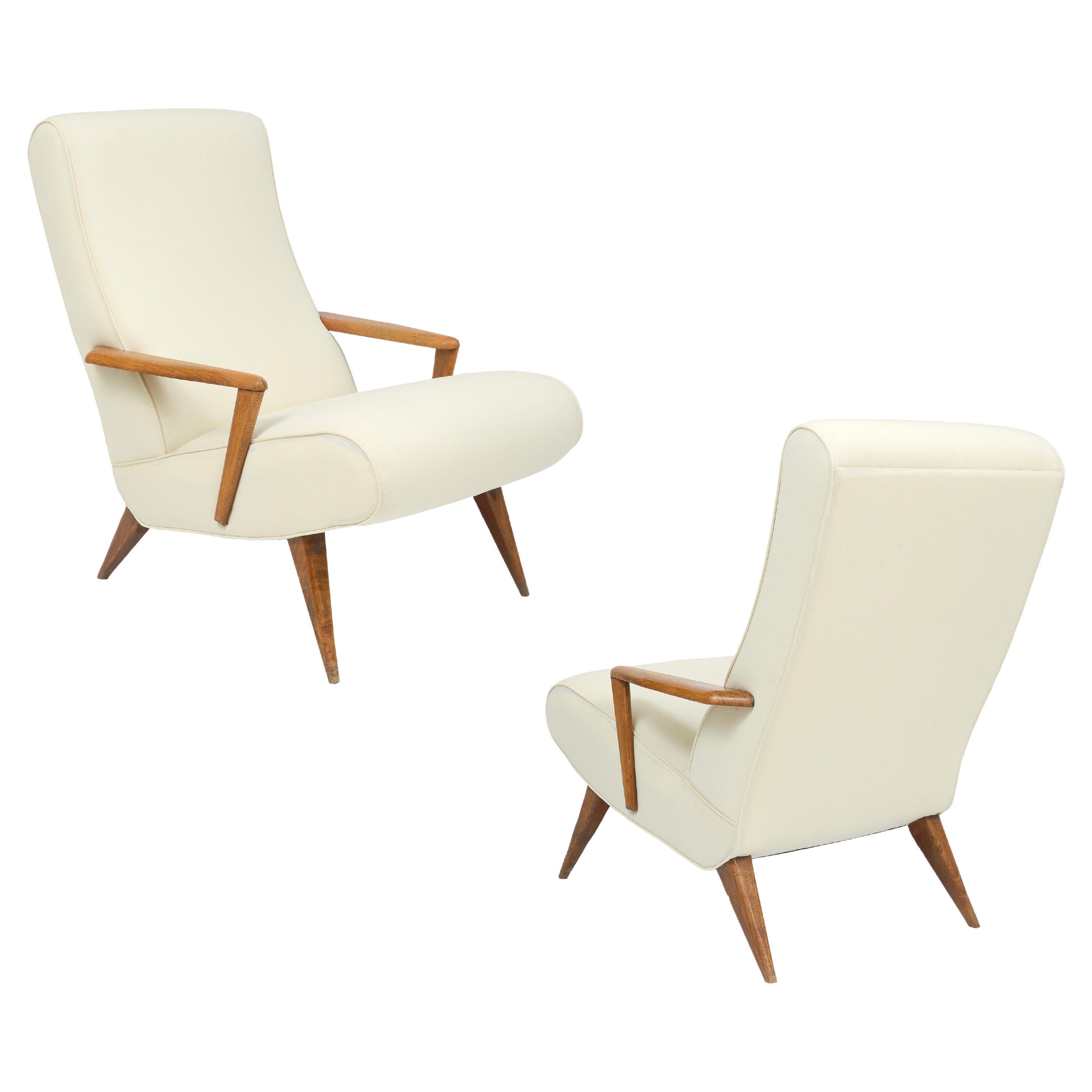 Sculptural Pair Italian White Wood Elegant Lounge Chairs, 1960's, Italy