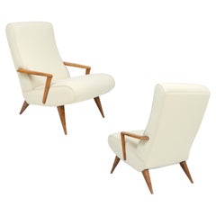Mid Century Pair Italian White Wood Elegant Lounge Chairs, 1960's, Italy