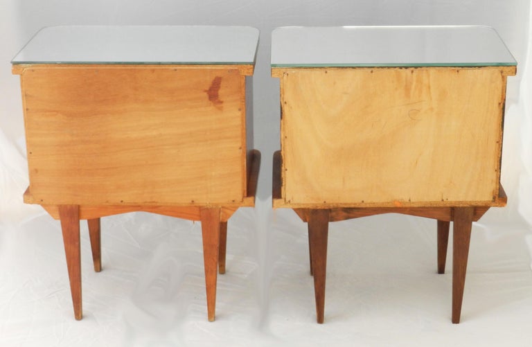 Wood Mid Century Pair Nightstands Side Cabinets French Bedside Tables Mirror Tops For Sale