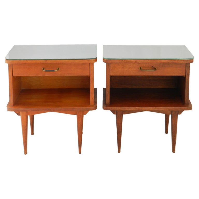 Mid Century Pair Nightstands Side Cabinets French Bedside Tables Mirror Tops For Sale