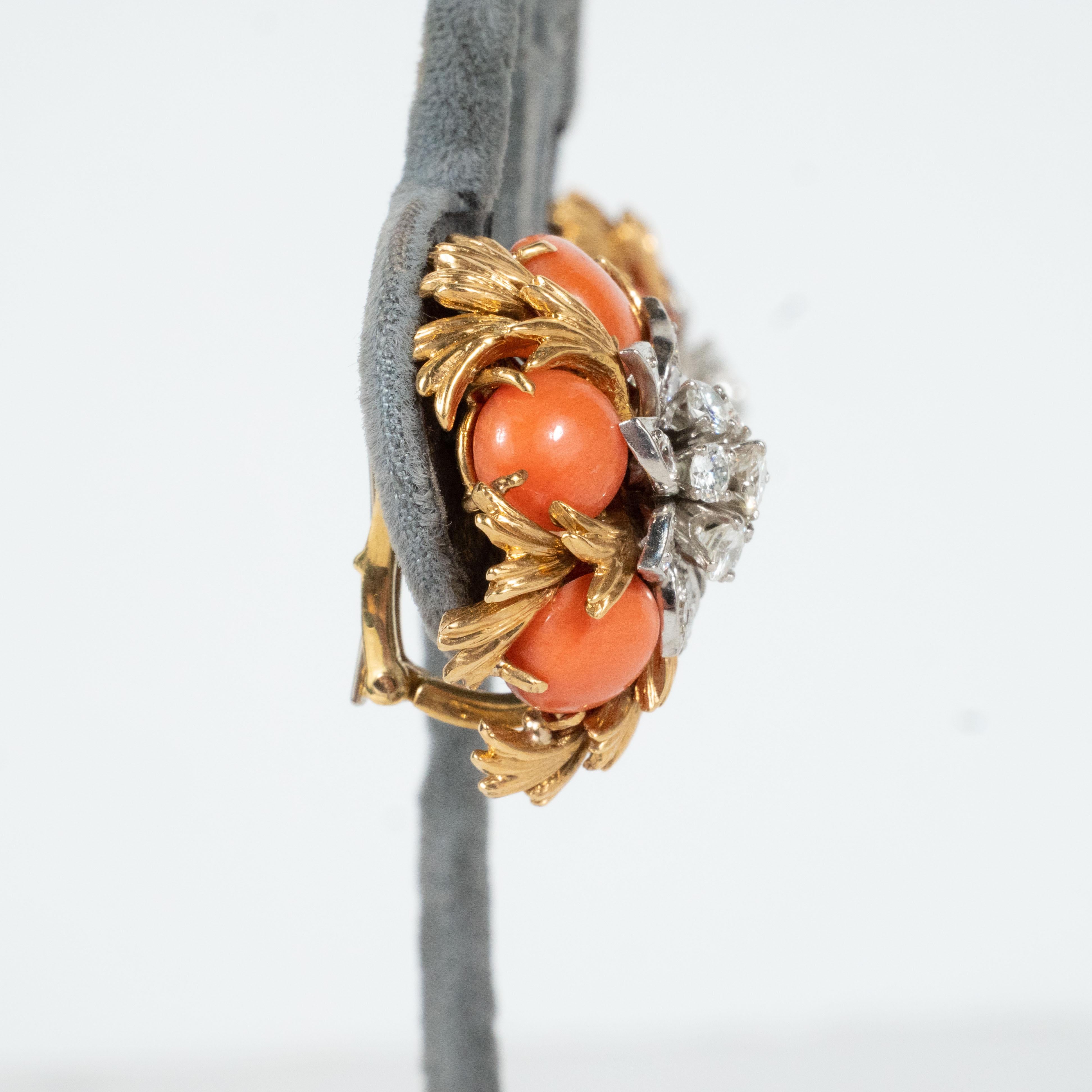 Mid-Century Pair of 18k Gold, Platinum, Coral and Diamond Earclips by David Webb 6