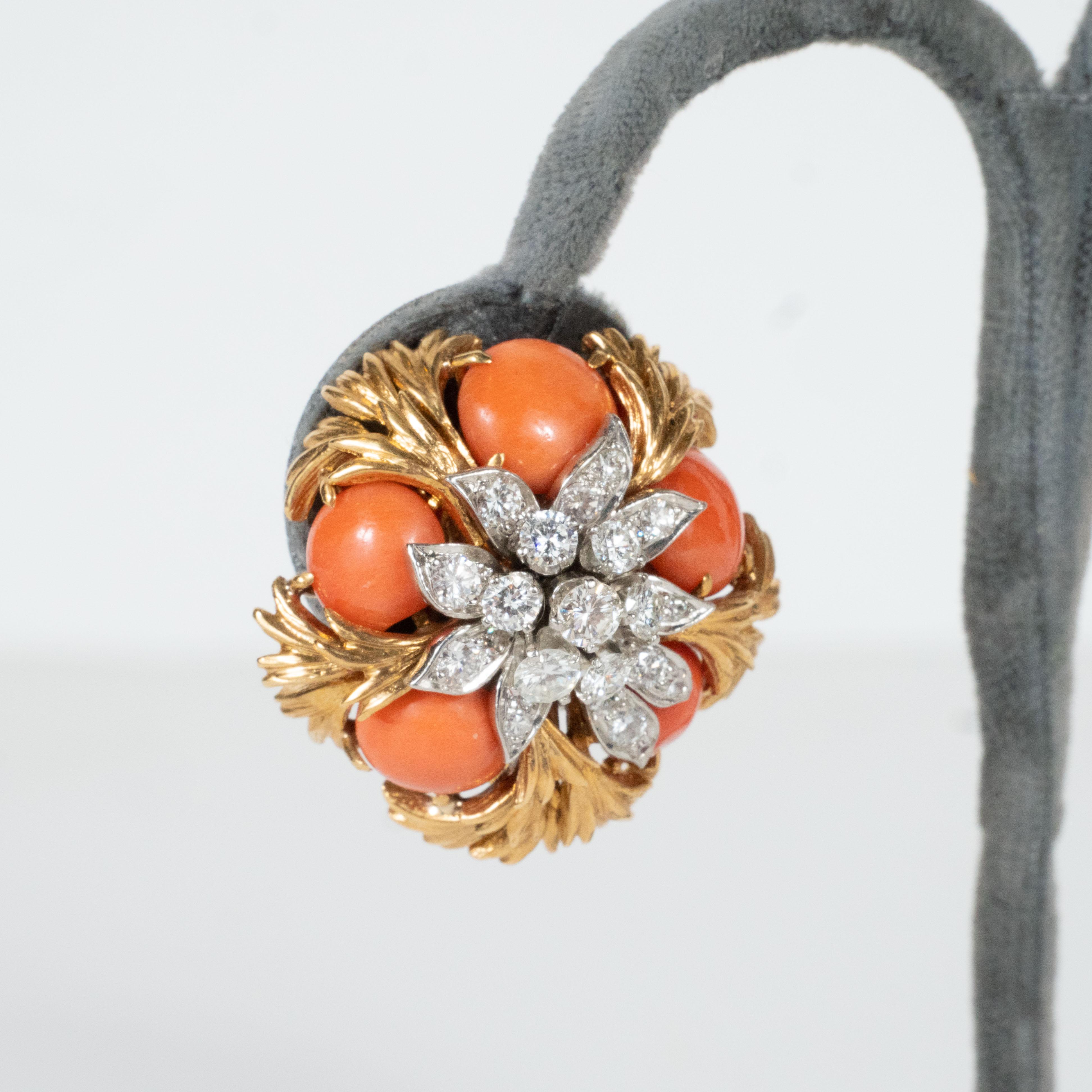 Mid-Century Pair of 18k Gold, Platinum, Coral and Diamond Earclips by David Webb 8