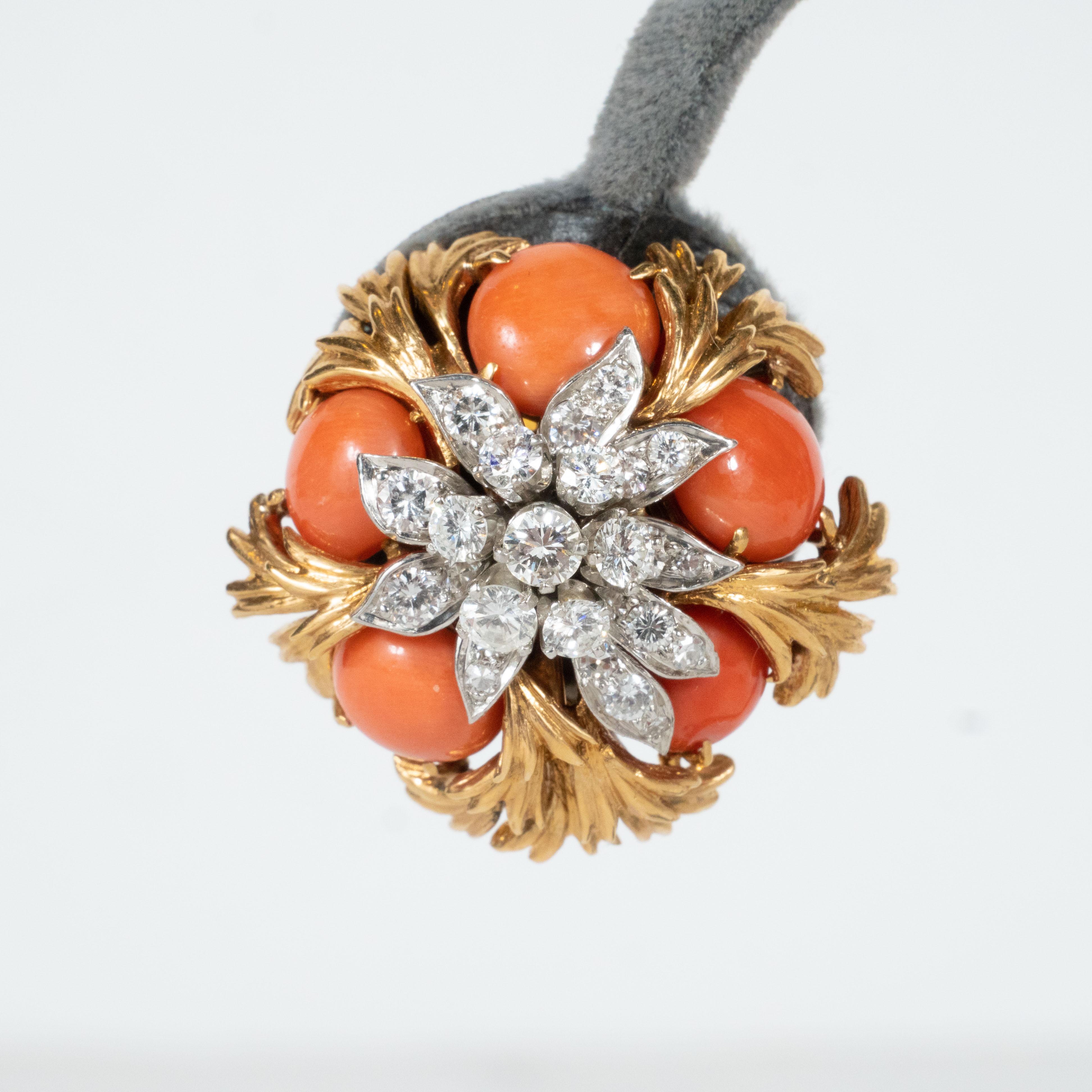 Mid-Century Pair of 18k Gold, Platinum, Coral and Diamond Earclips by David Webb 3