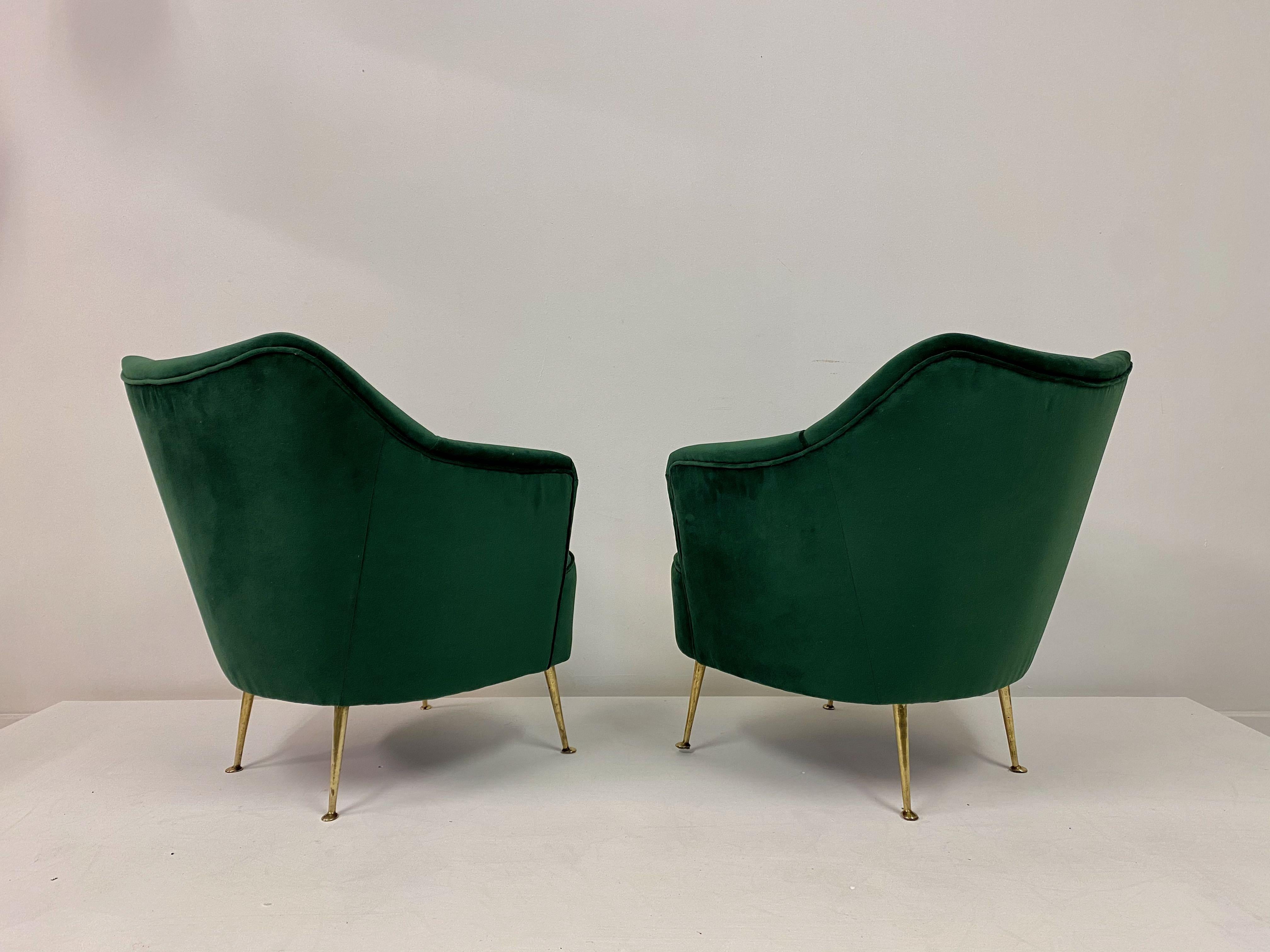 Brass Midcentury Pair of 1950s Italian Armchairs in Green Velvet