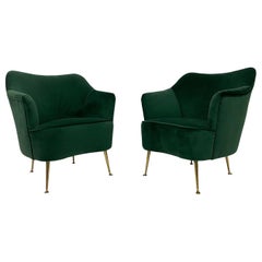 Midcentury Pair of 1950s Italian Armchairs in Green Velvet