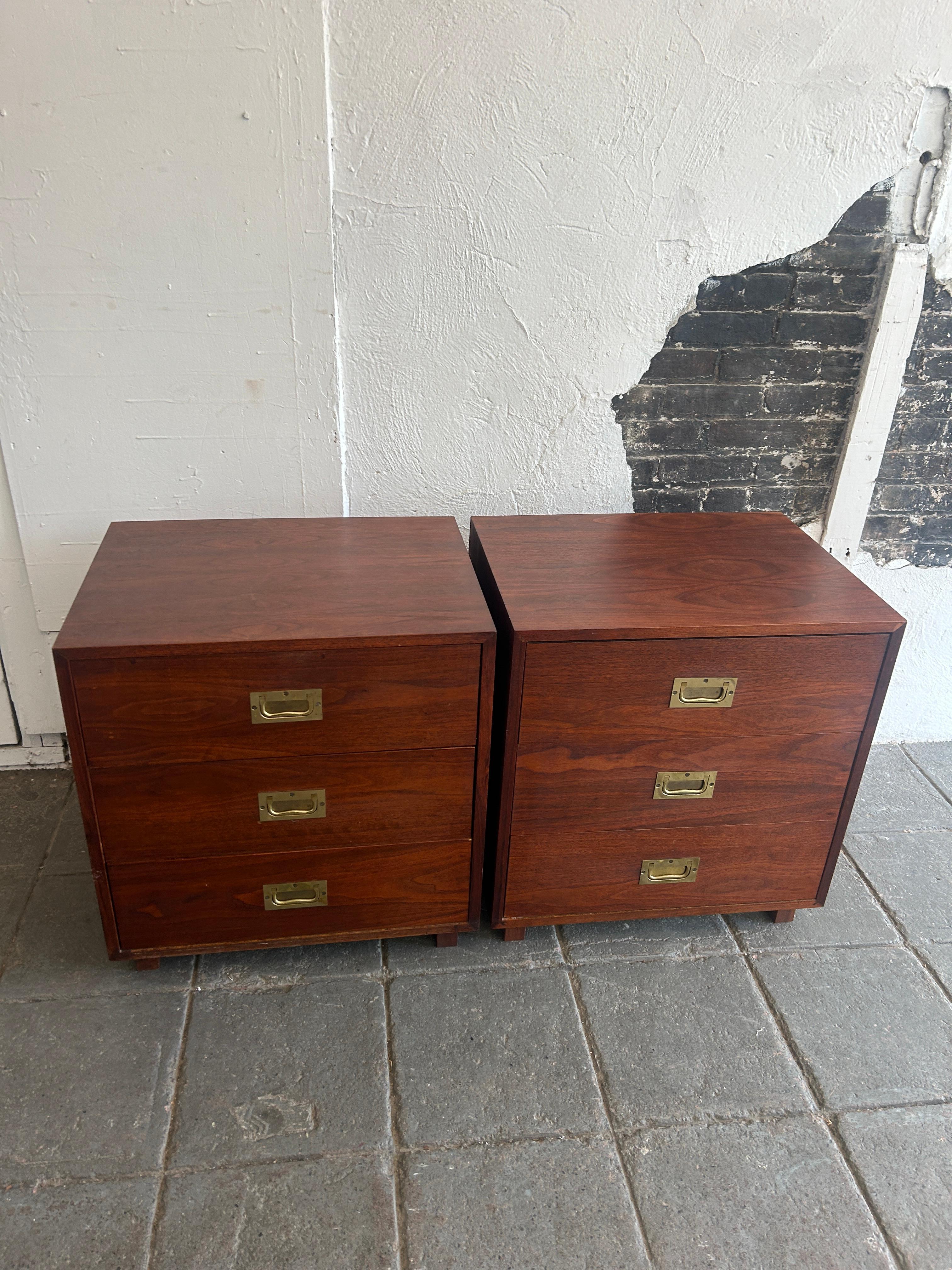 Campaign Mid century pair of 3 drawer walnut brass campaign style nightstands For Sale