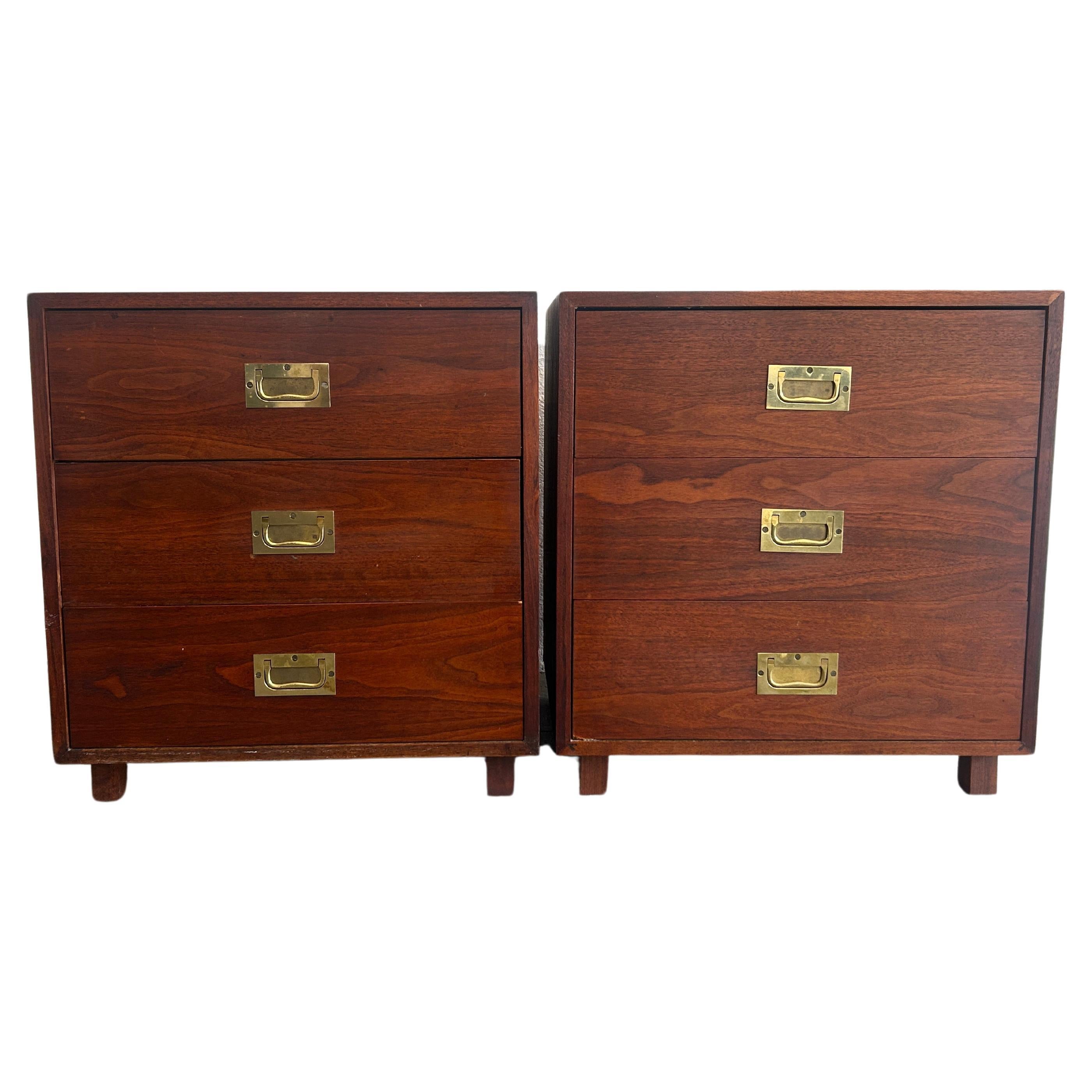 Mid century pair of 3 drawer walnut brass campaign style nightstands For Sale