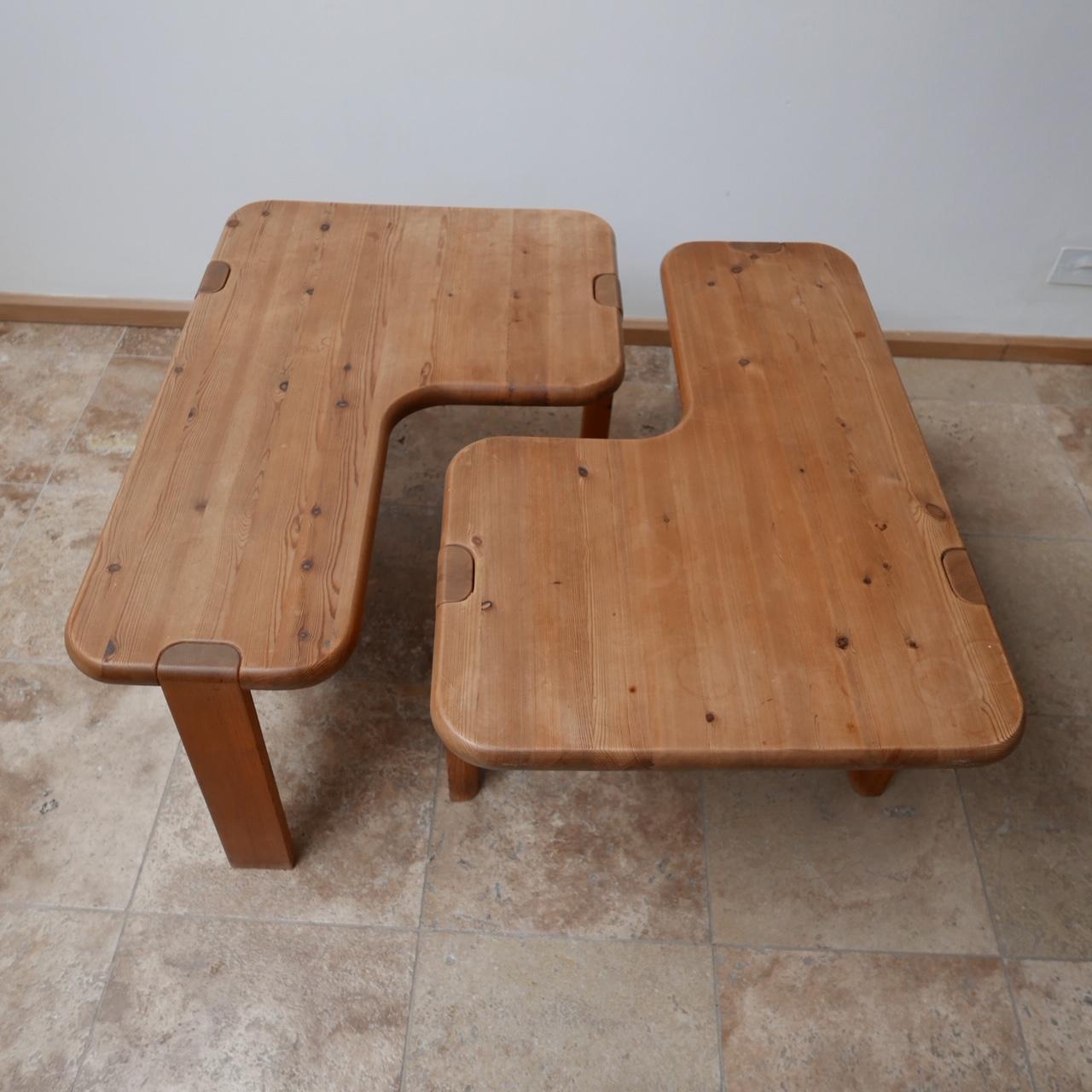 Pair of Aksel Kjersgaard coffee tables for Odder Furniture.

Denmark, circa 1960.

Formed from solid pine.

A stylish pair of L-Shaped tables that can be used in various combinations. As coffee tables or side tables.

Dimensions are per