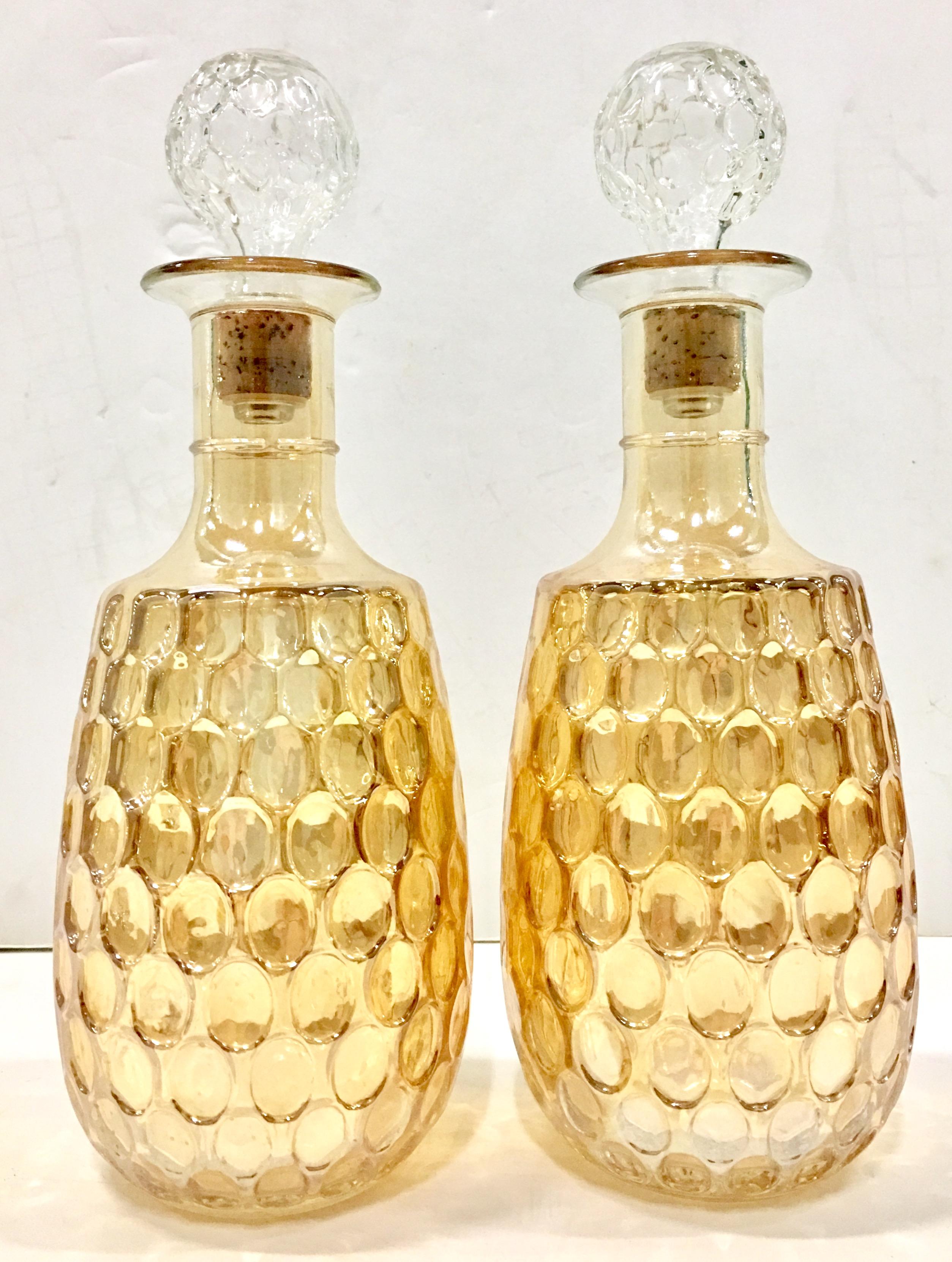 Mid-Century Pair Of American Blown Glass Iridescent Thumbprint Liquor Decanters In Excellent Condition In West Palm Beach, FL