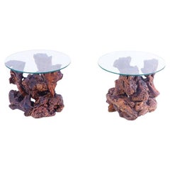Mid-Century Pair of American Wood Root Tables with Glass Tops