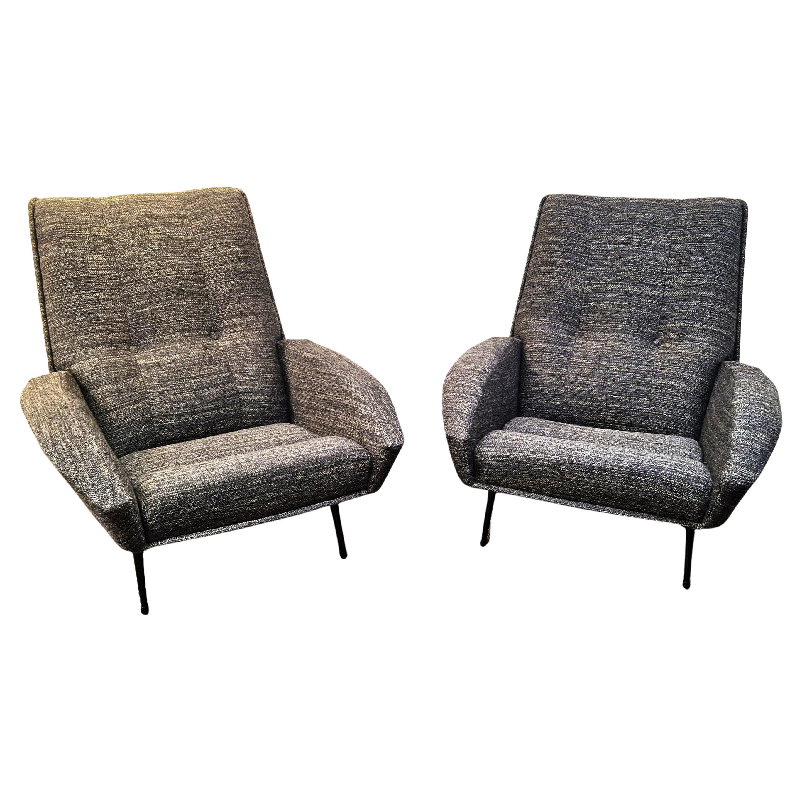 Mid Century Pair of Armchairs by Guy Besnard, Fully Restored For Sale