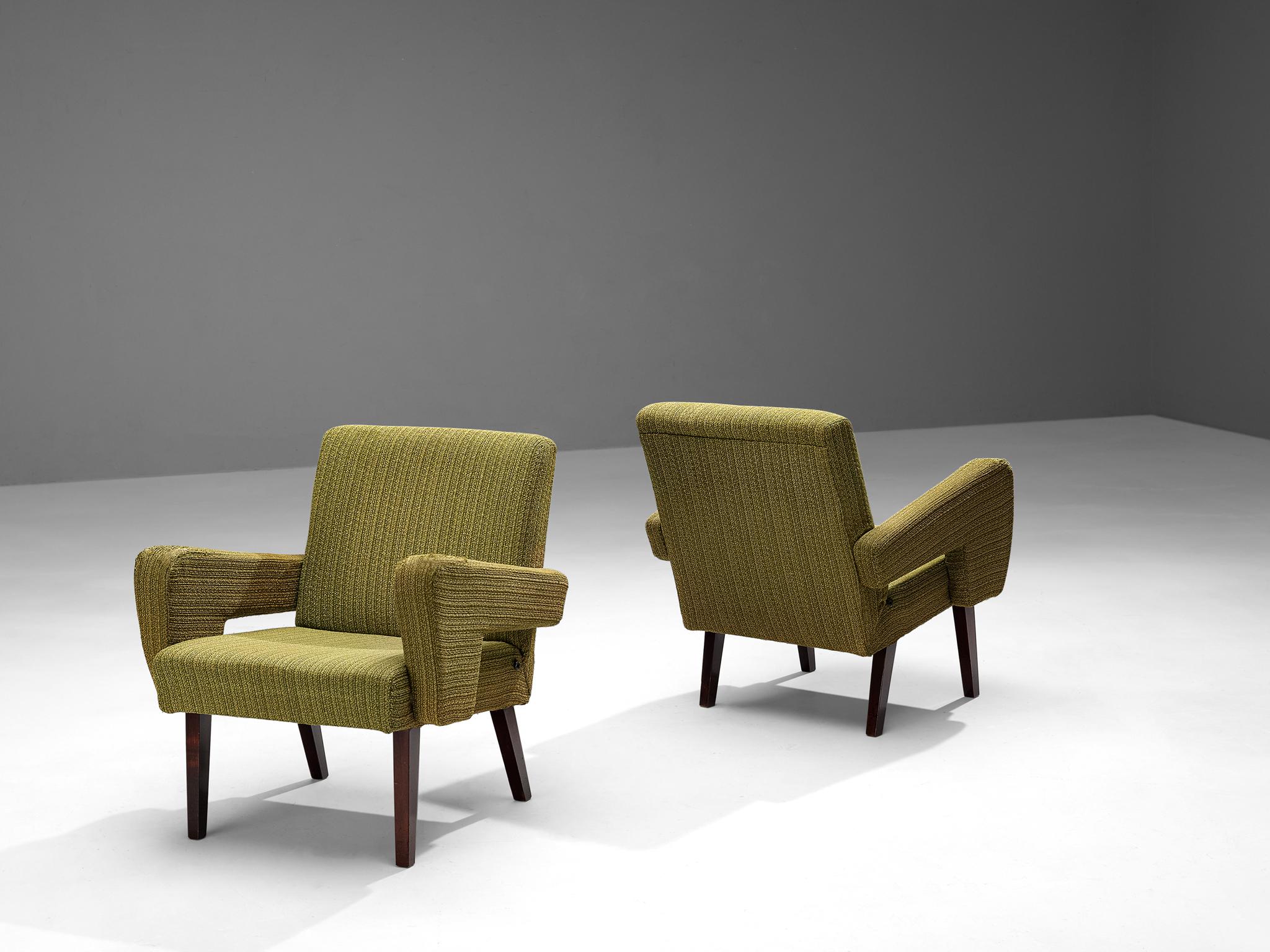 Mid-Century Modern Mid-Century Pair of Armchairs in Olive Green Upholstery For Sale