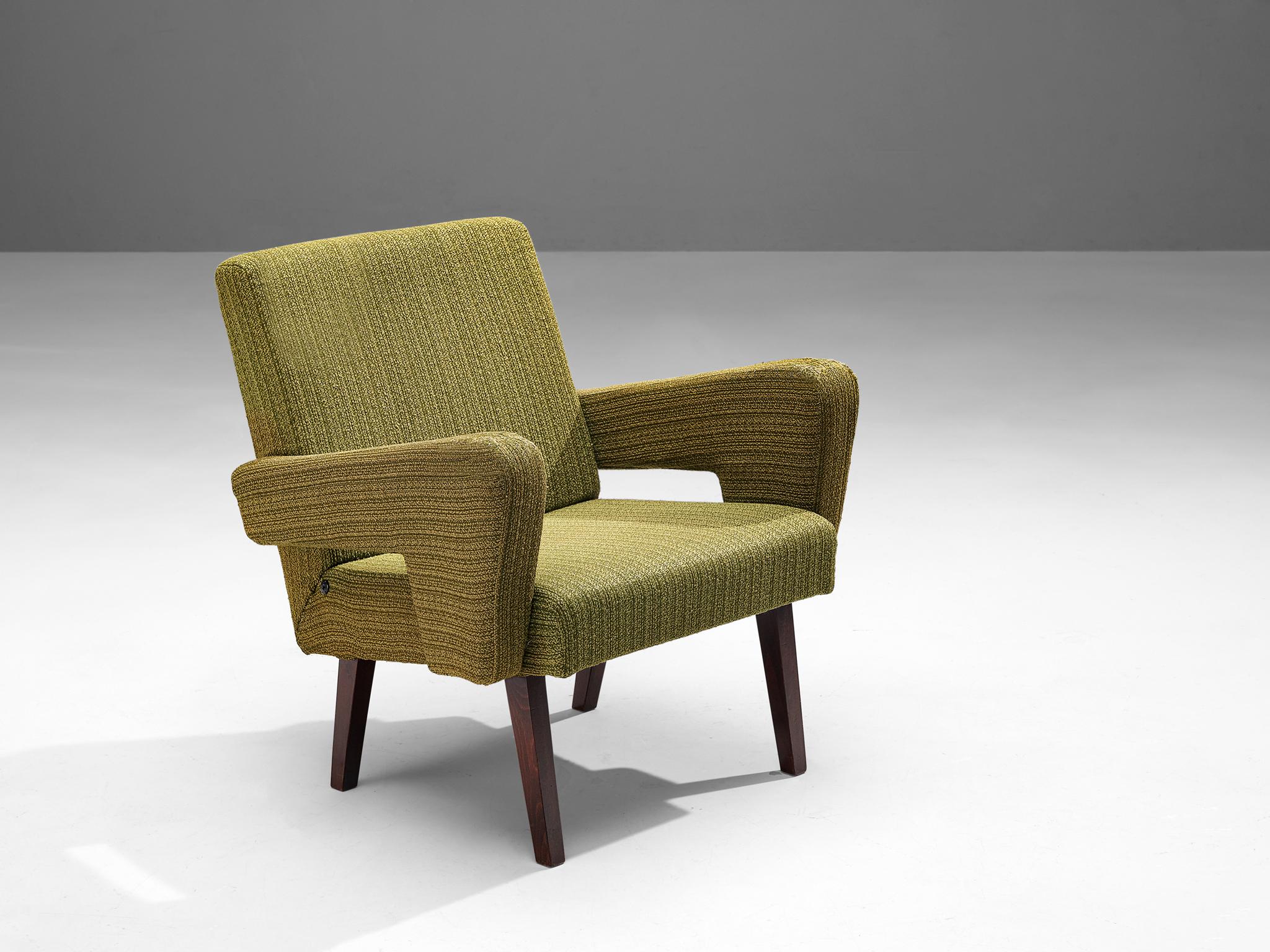 Czech Mid-Century Pair of Armchairs in Olive Green Upholstery For Sale
