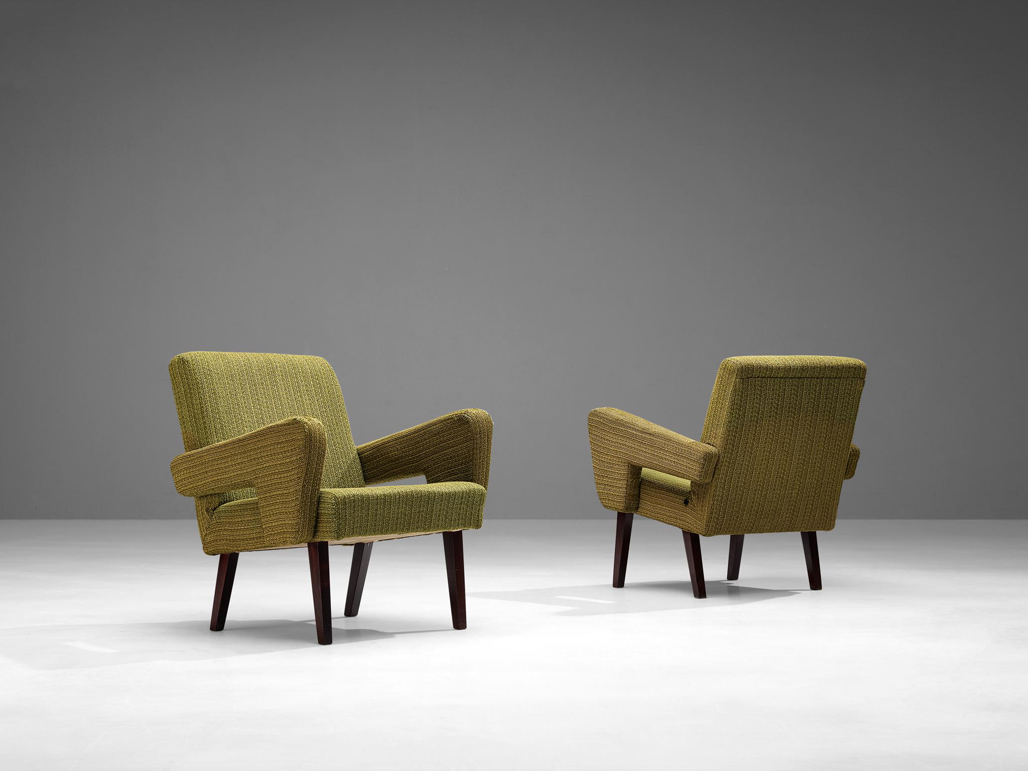 Mid-20th Century Mid-Century Pair of Armchairs in Olive Green Upholstery For Sale