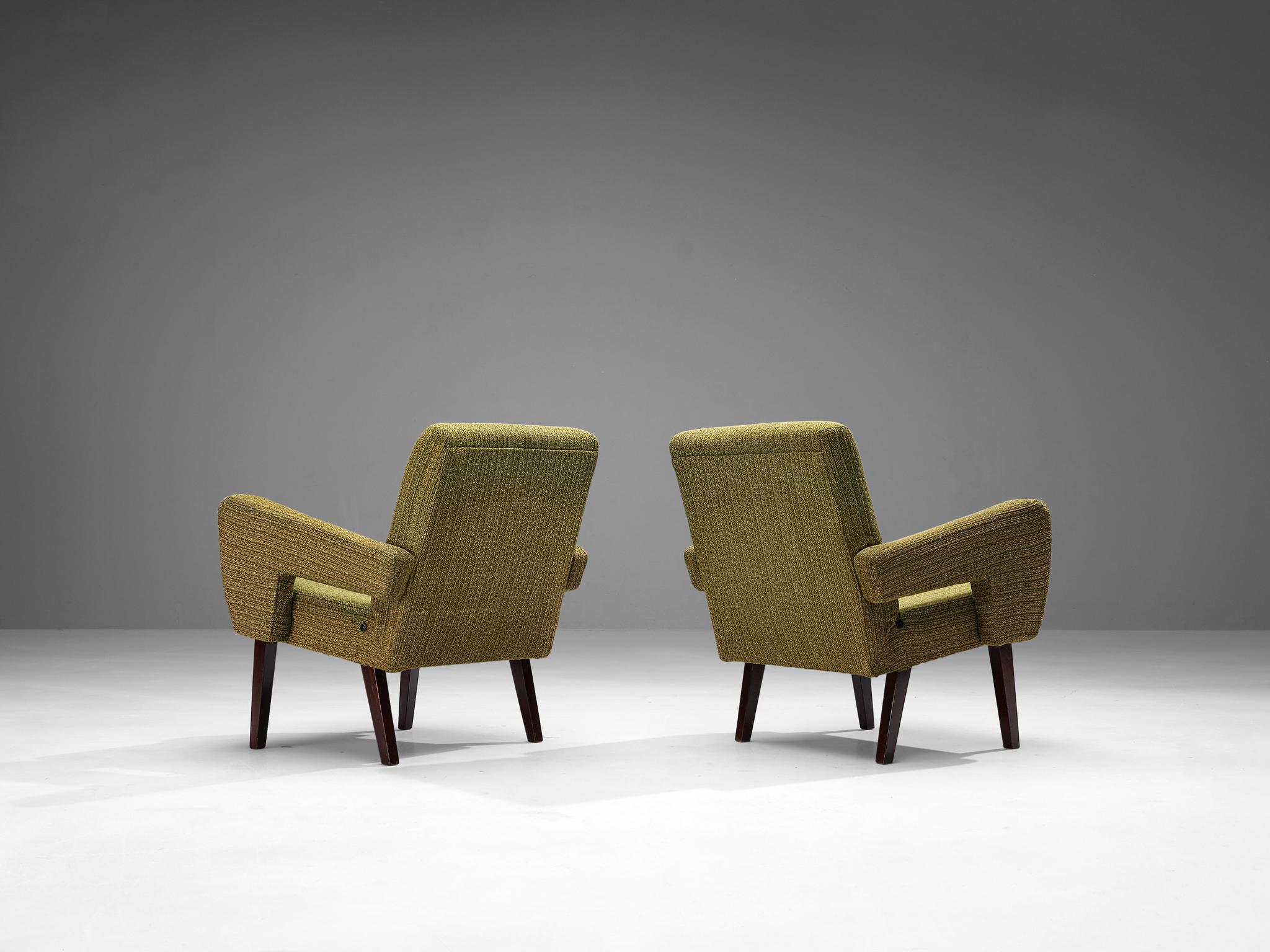 Fabric Mid-Century Pair of Armchairs in Olive Green Upholstery For Sale