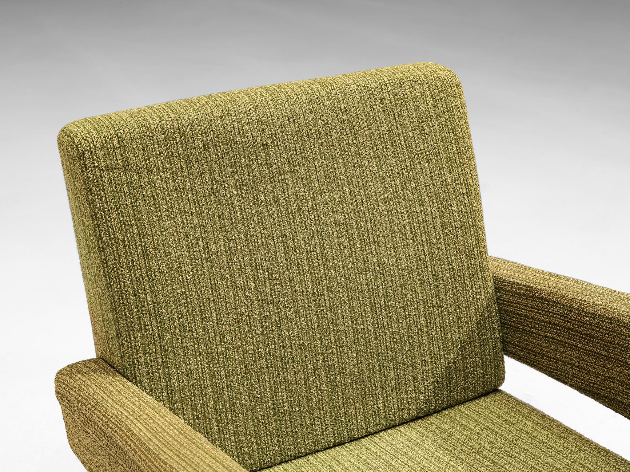 Fabric Mid-Century Pair of Armchairs in Olive Green Upholstery