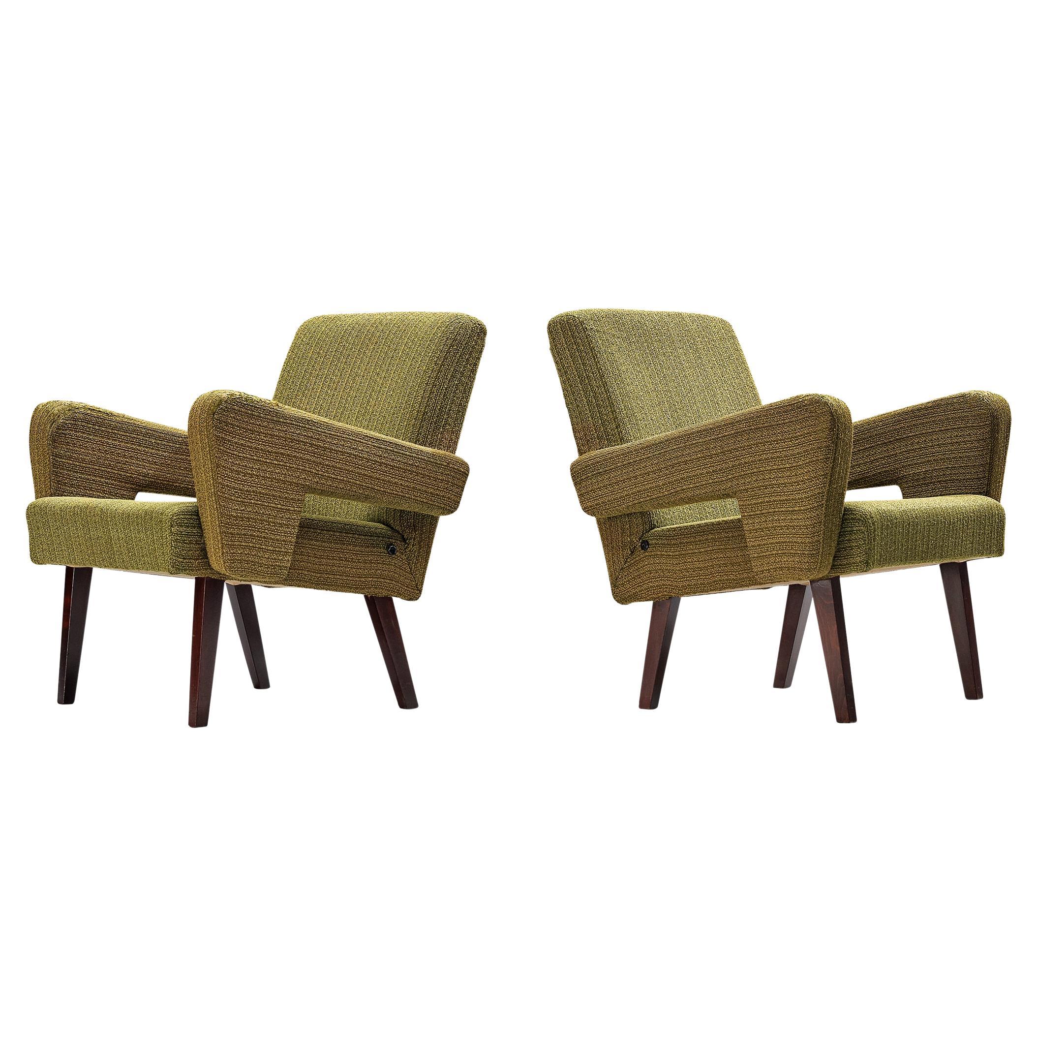 Mid-Century Pair of Armchairs in Olive Green Upholstery For Sale